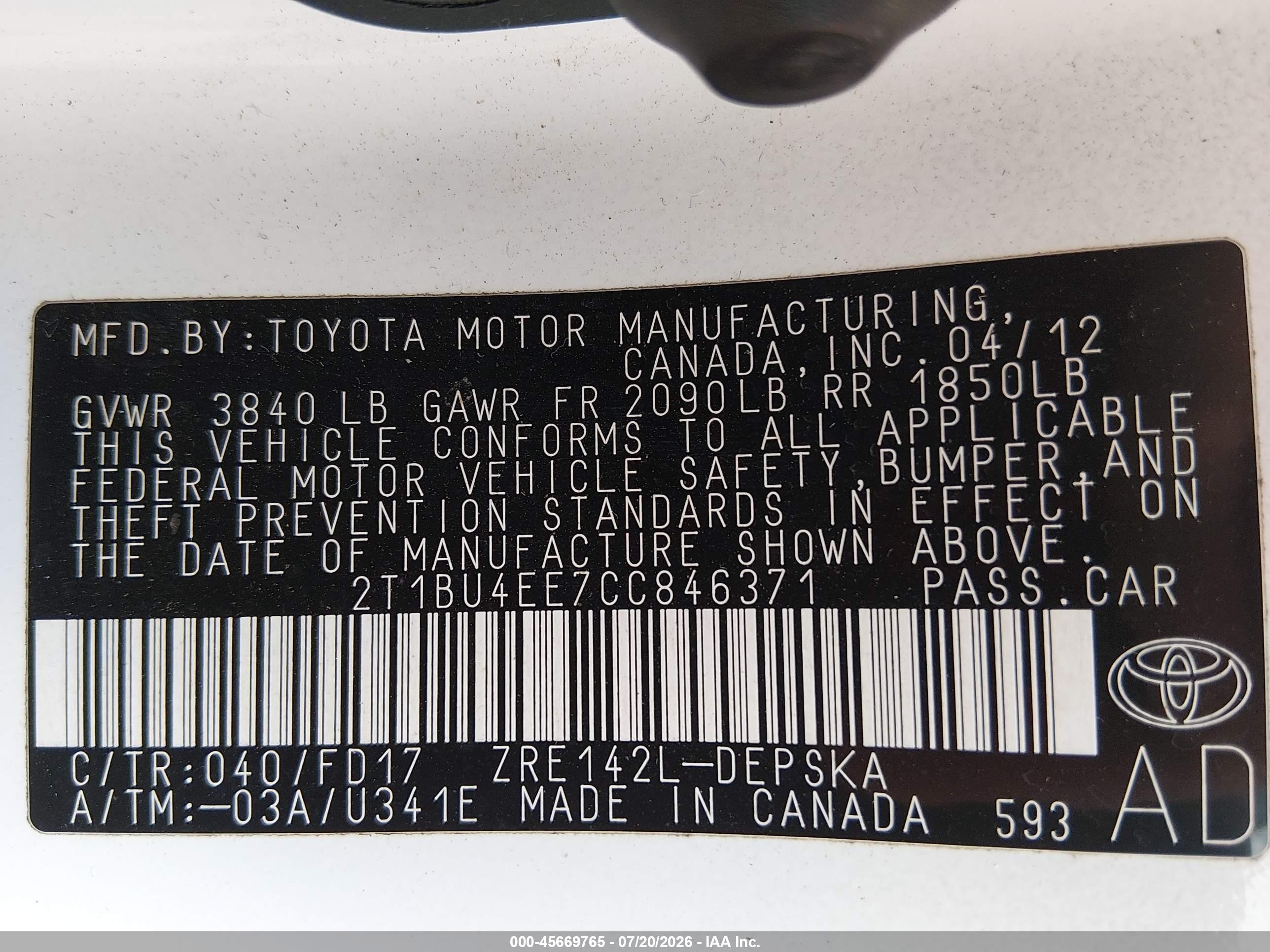 2012 Toyota Corolla S White vin: 2T1BU4EE7CC846371