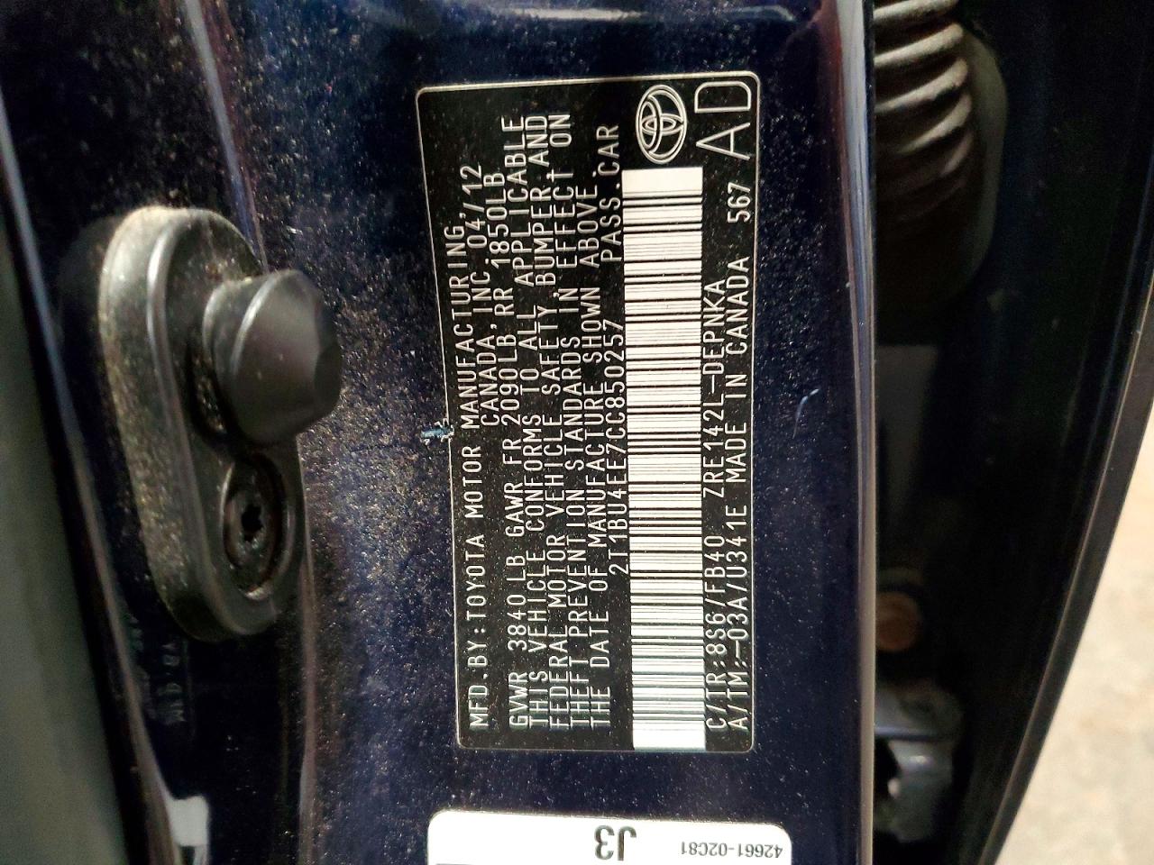 2012 Toyota Corolla Le Blue vin: 2T1BU4EE7CC850257