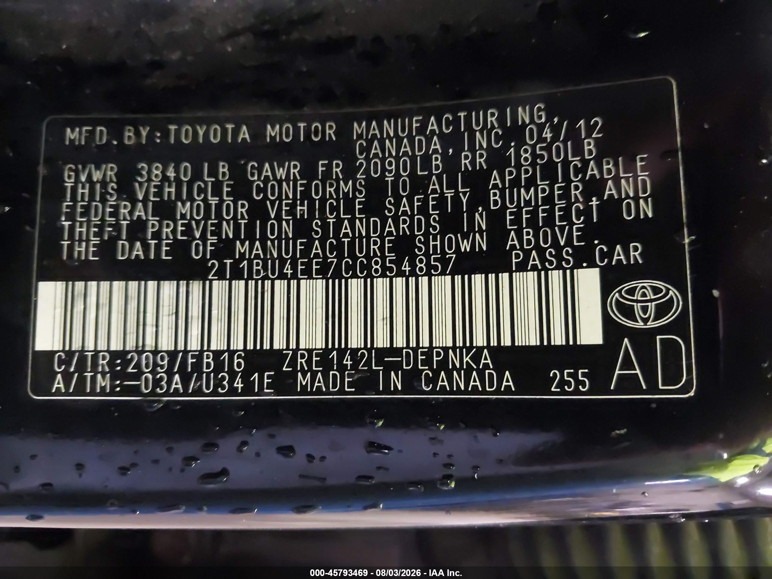 2012 Toyota Corolla Le Black vin: 2T1BU4EE7CC854857