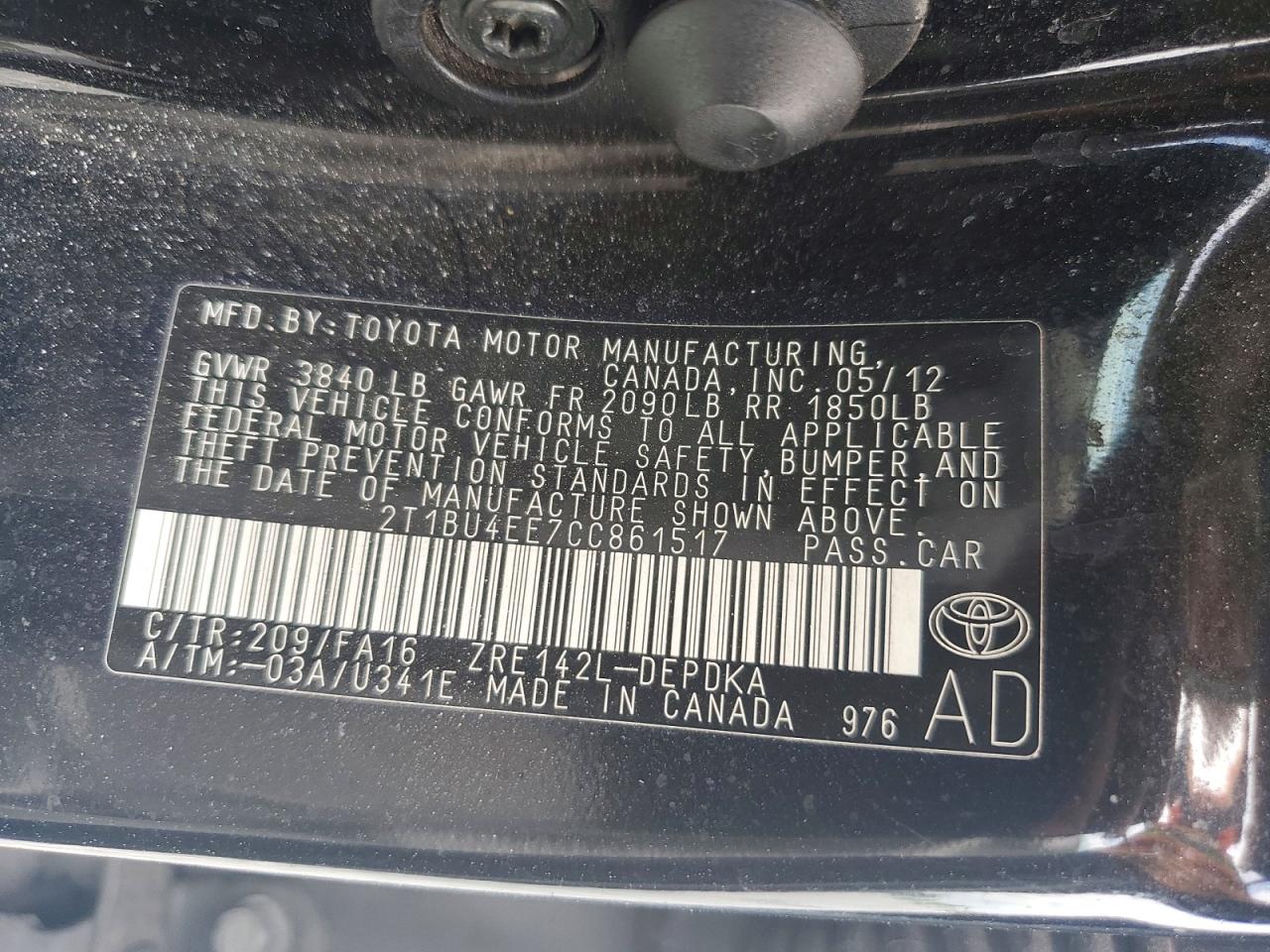 2012 Toyota Corolla L Black vin: 2T1BU4EE7CC861517