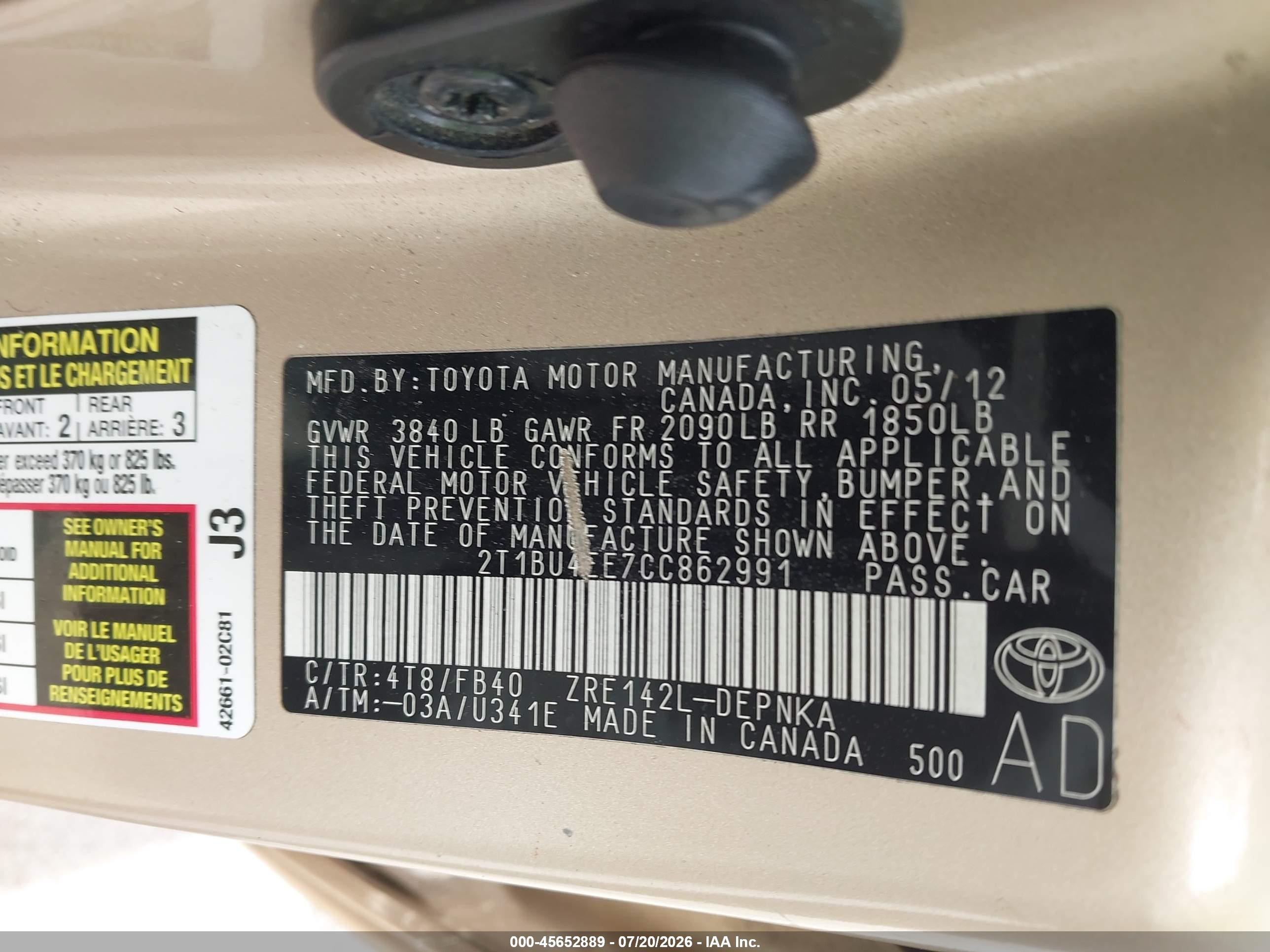 2012 Toyota Corolla Le Золотой vin: 2T1BU4EE7CC862991
