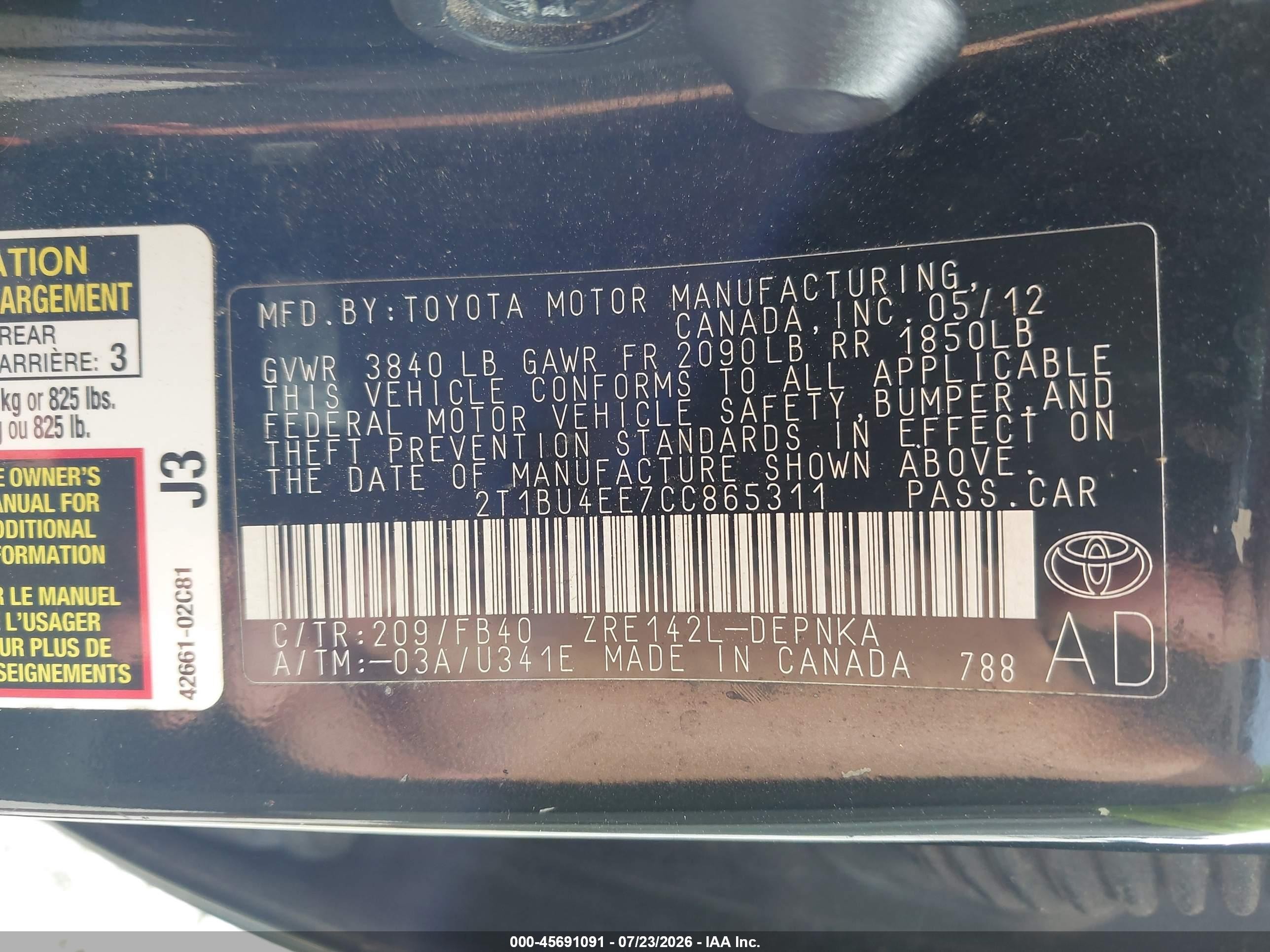 2012 Toyota Corolla Le Black vin: 2T1BU4EE7CC865311