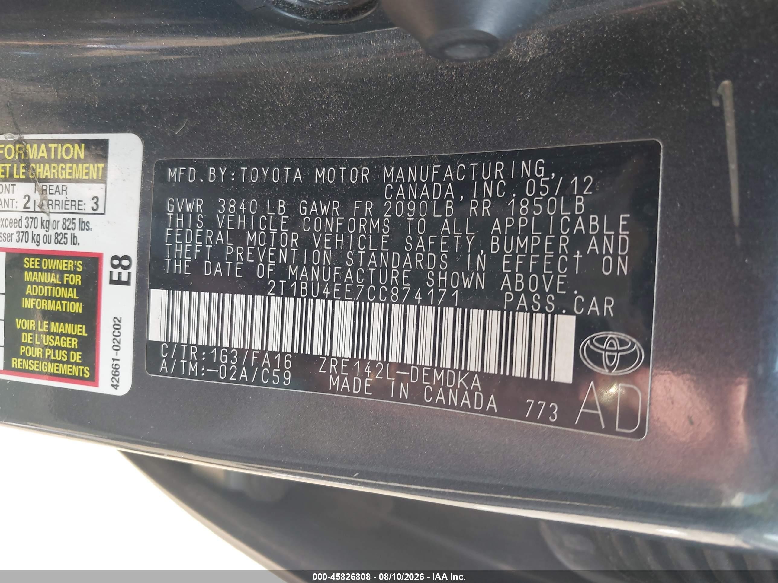 2012 Toyota Corolla L Gray vin: 2T1BU4EE7CC874171