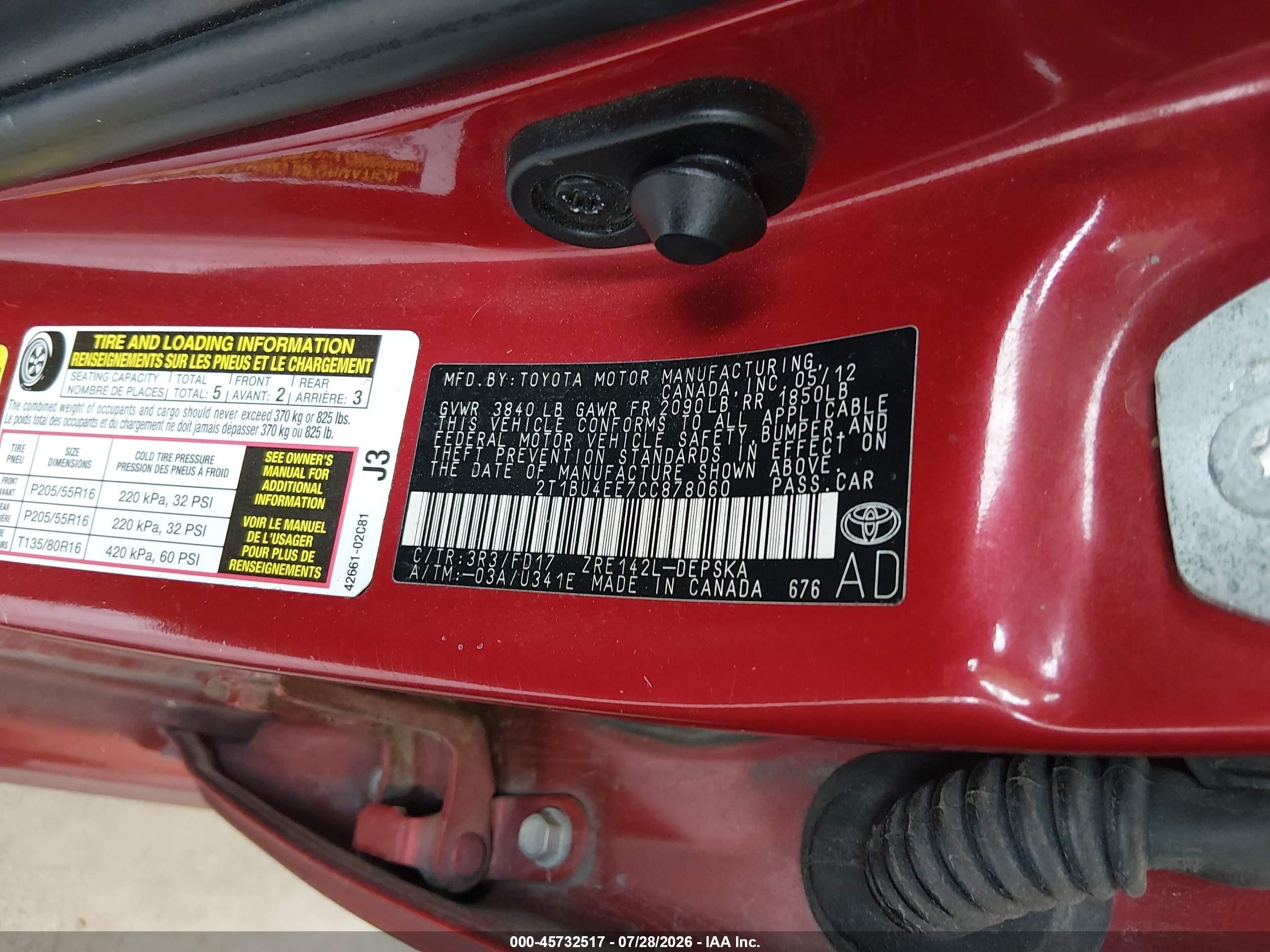 2012 Toyota Corolla S Красный vin: 2T1BU4EE7CC878060