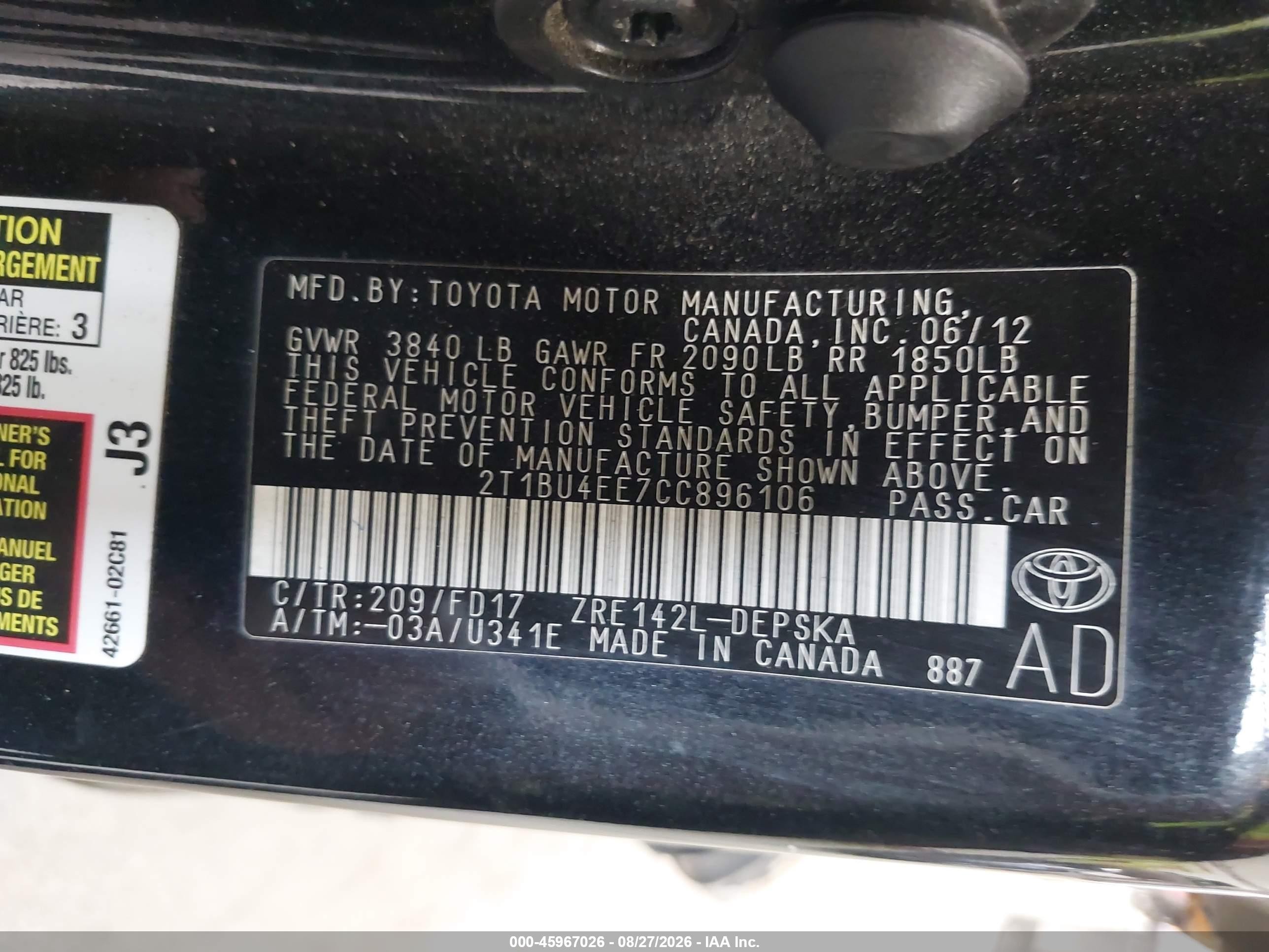 2012 Toyota Corolla S Black vin: 2T1BU4EE7CC896106
