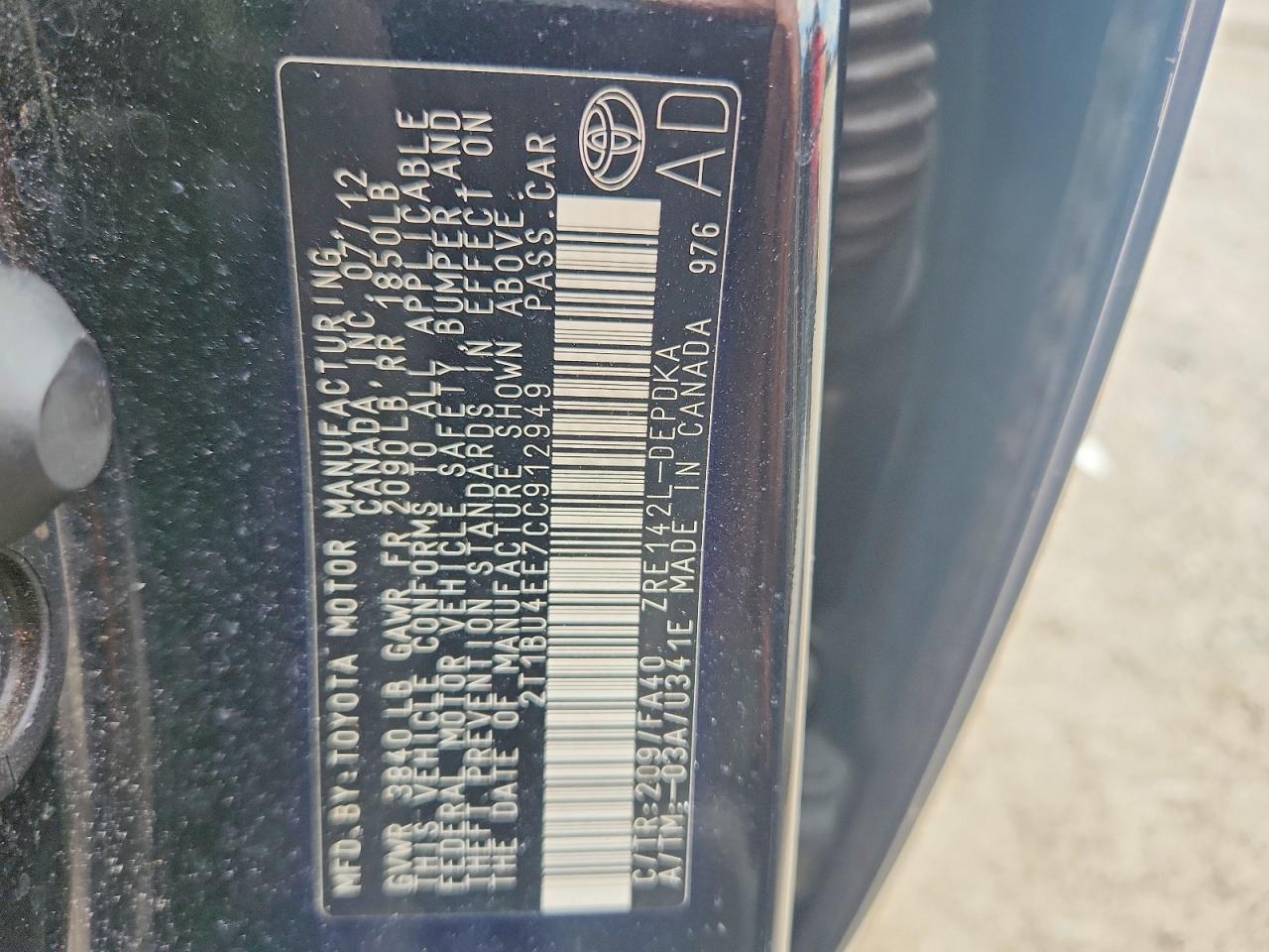 2012 Toyota Corolla L Black vin: 2T1BU4EE7CC912949