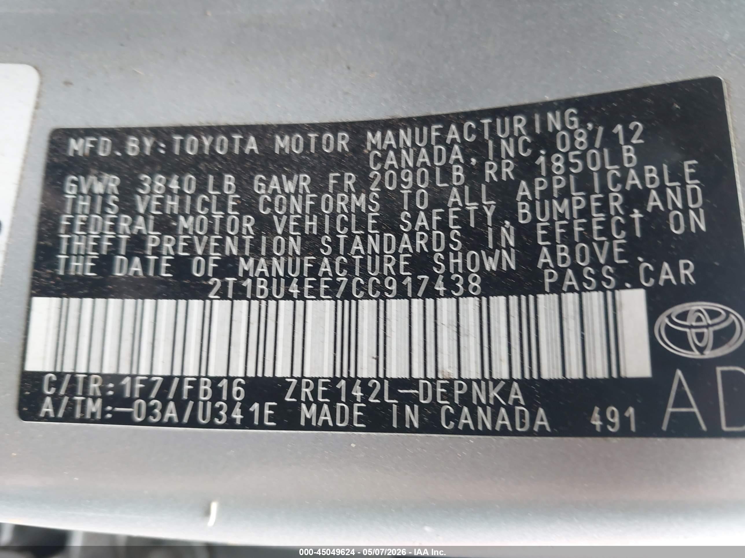 2012 Toyota Corolla Le Silver vin: 2T1BU4EE7CC917438