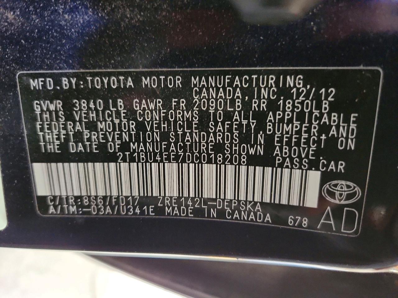 2013 Toyota Corolla Base Blue vin: 2T1BU4EE7DC018208