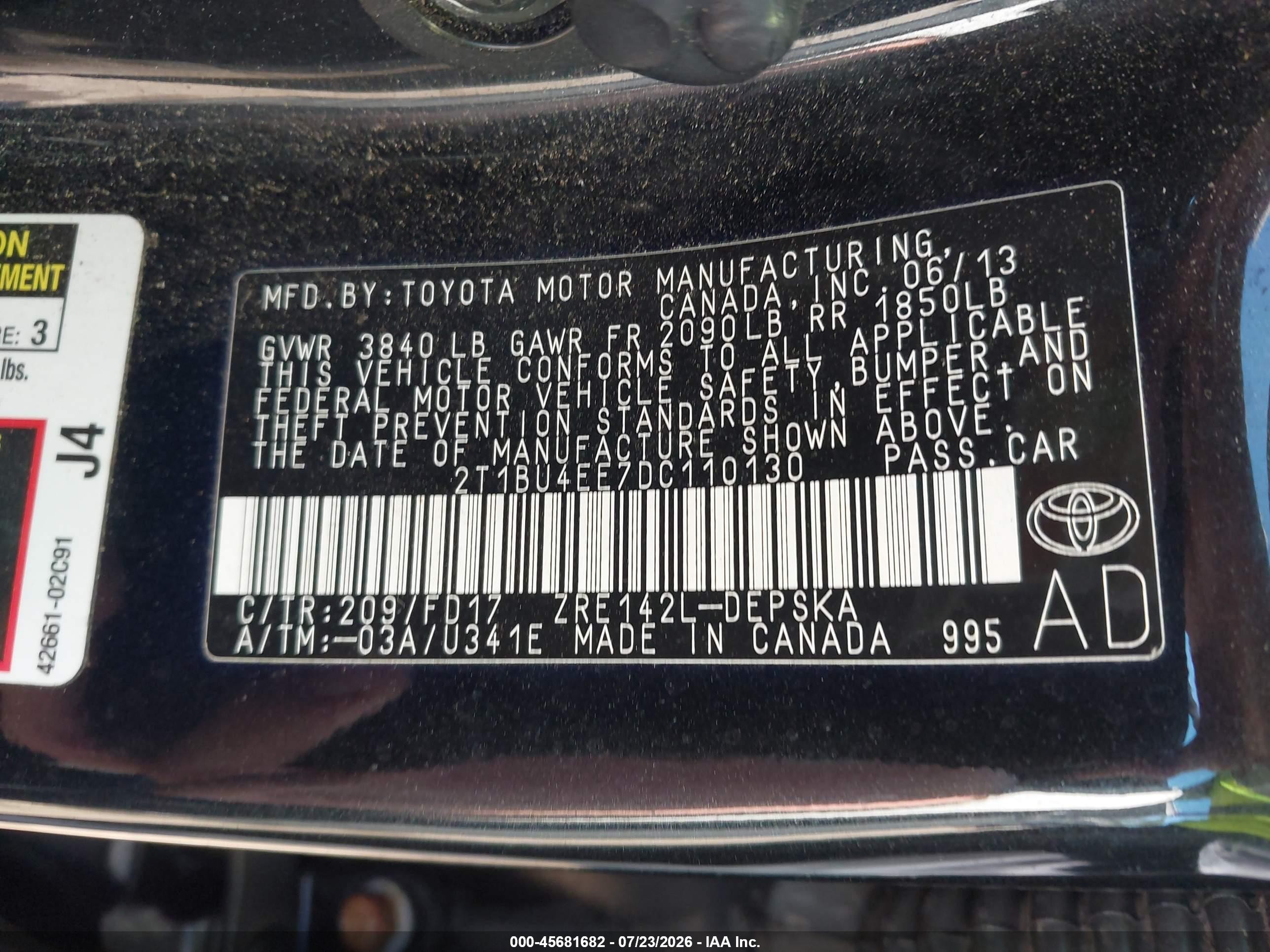2013 Toyota Corolla S Black vin: 2T1BU4EE7DC110130