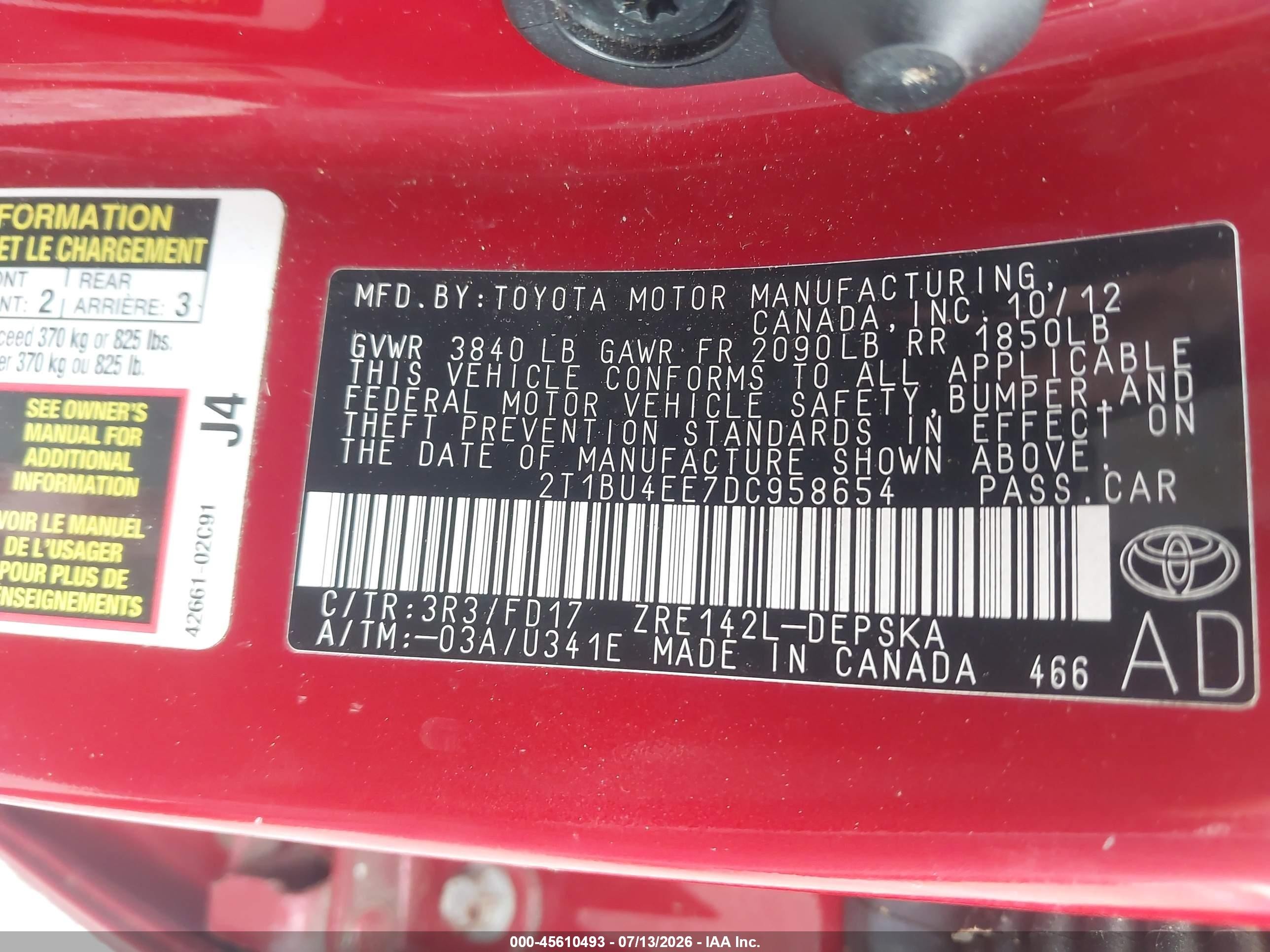 2013 Toyota Corolla S Red vin: 2T1BU4EE7DC958654