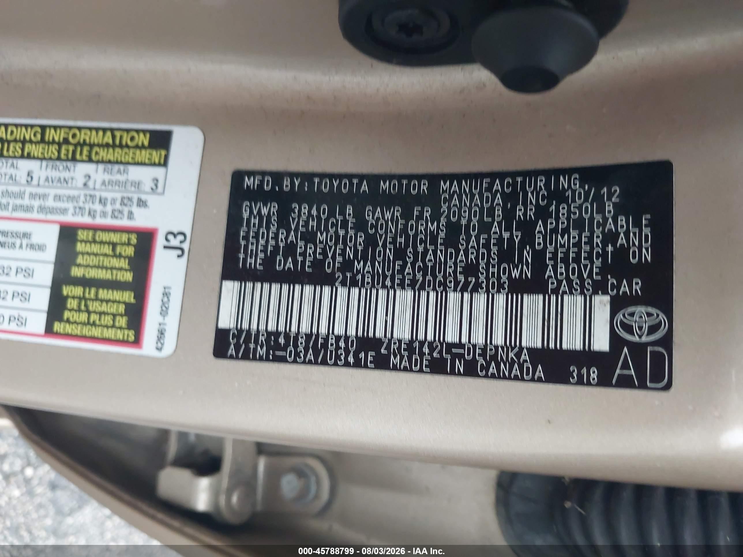 2013 Toyota Corolla Le Gold vin: 2T1BU4EE7DC977303