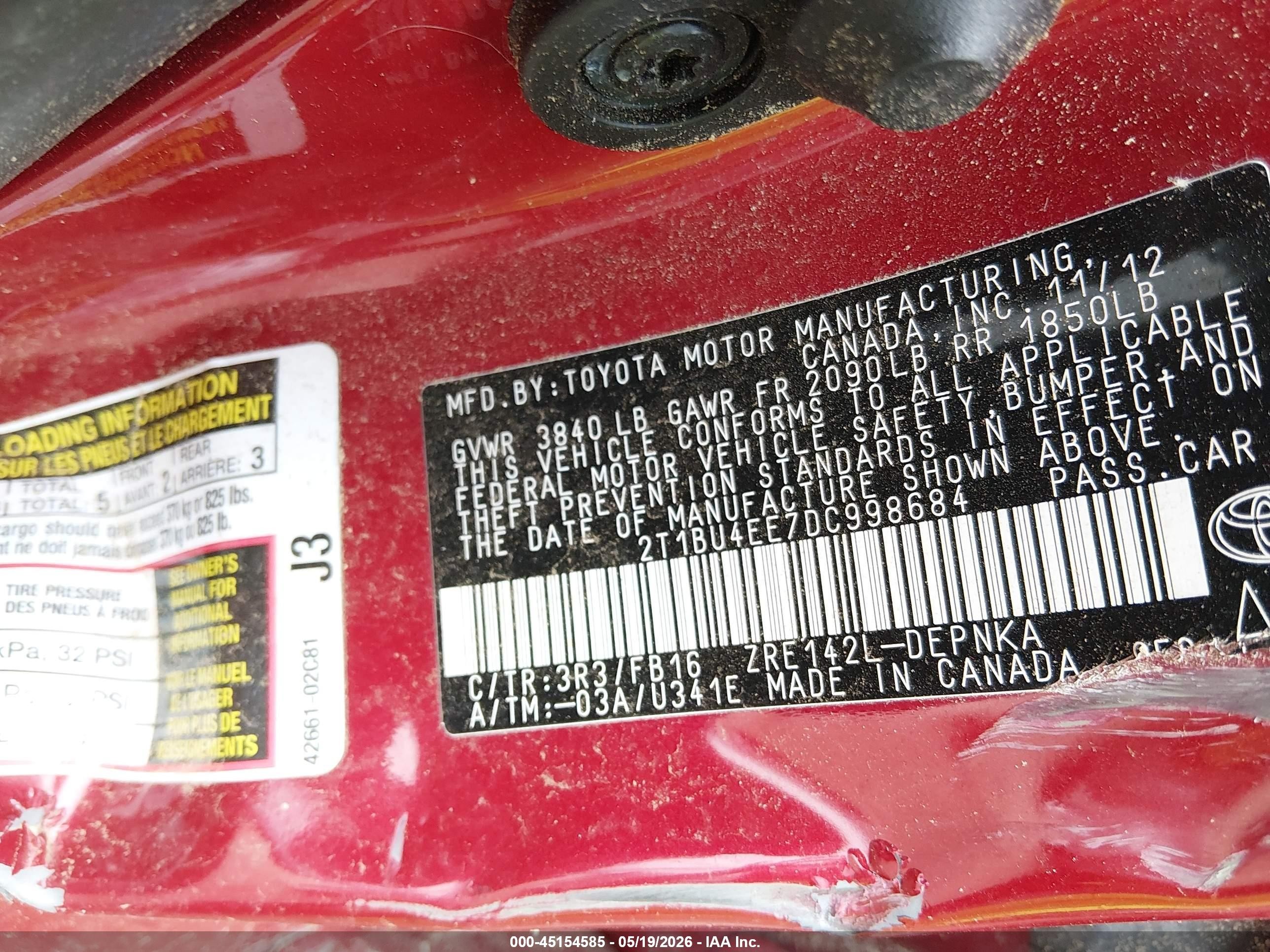 2013 Toyota Corolla Le Red vin: 2T1BU4EE7DC998684