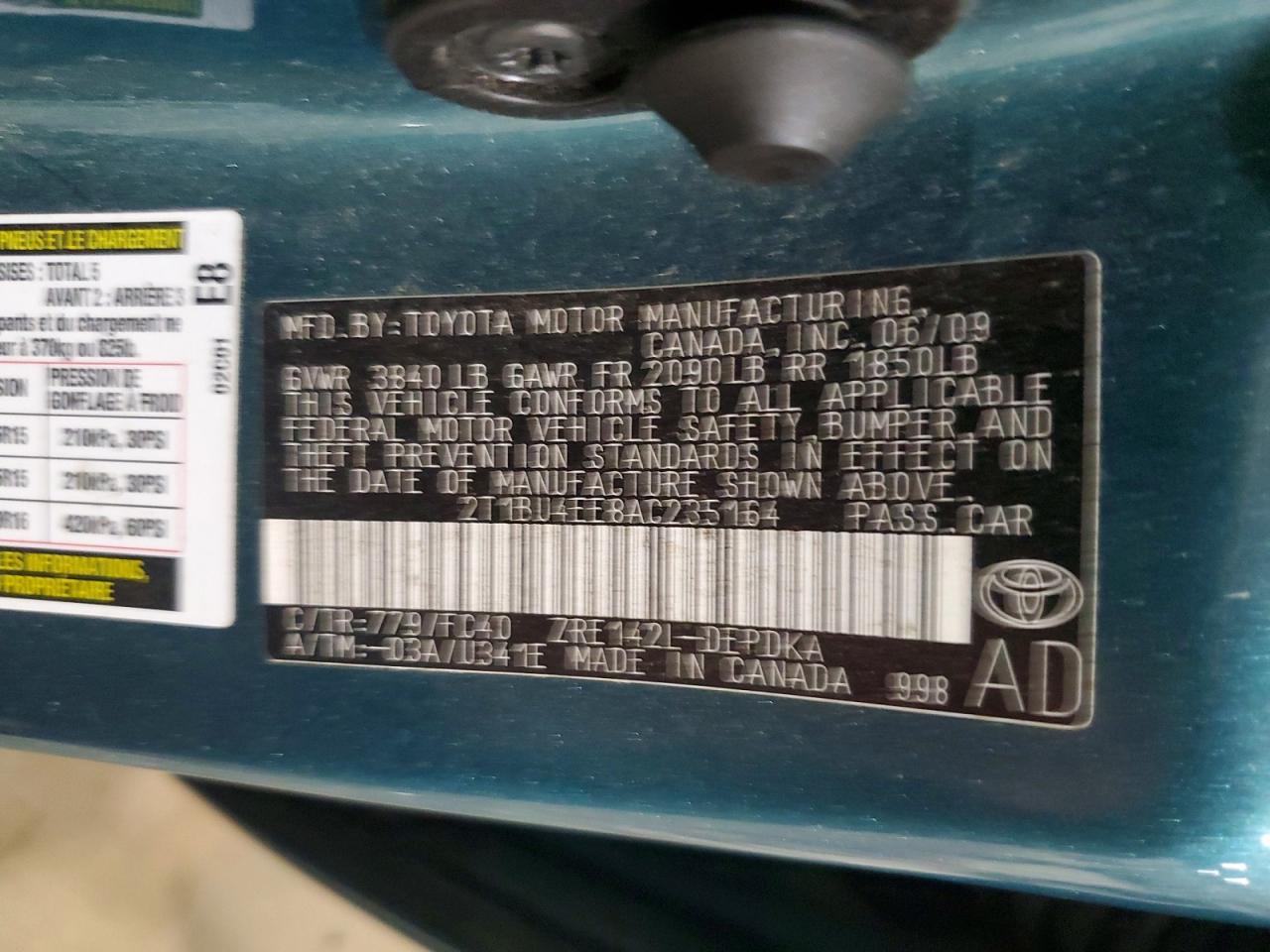 2010 Toyota Corolla Le Teal vin: 2T1BU4EE8AC235164