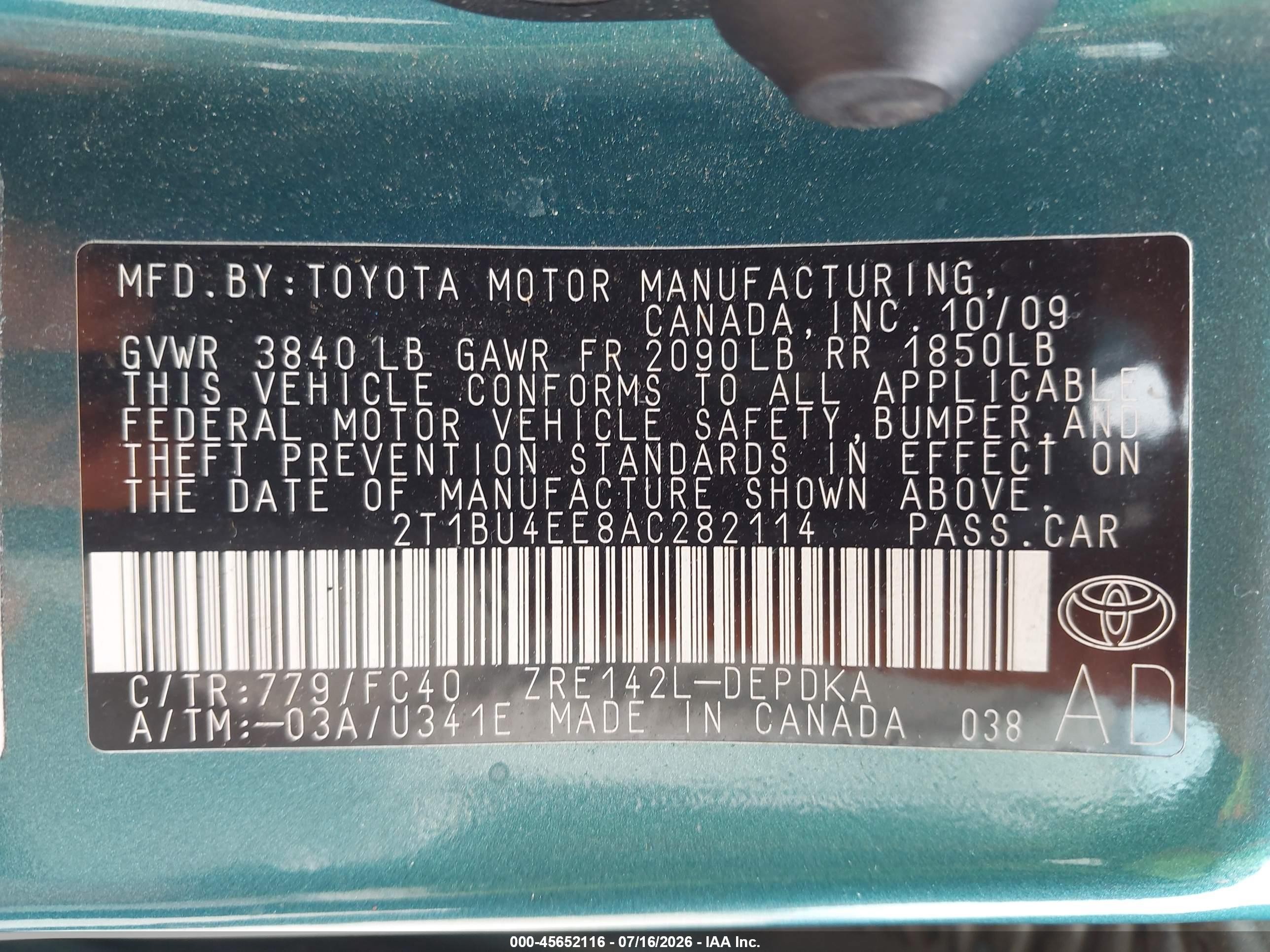 2010 Toyota Corolla Le Teal vin: 2T1BU4EE8AC282114