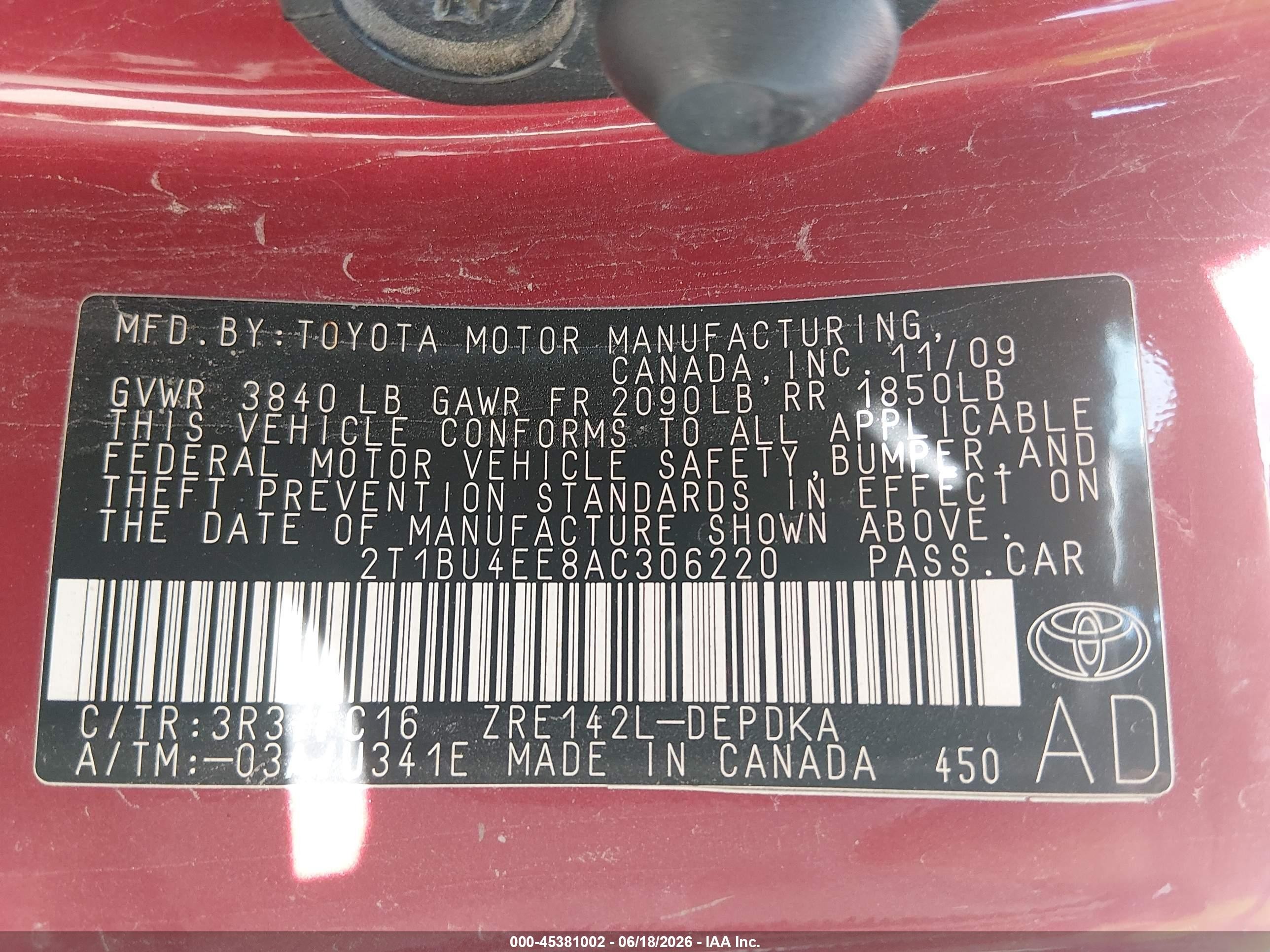2010 Toyota Corolla Le Red vin: 2T1BU4EE8AC306220