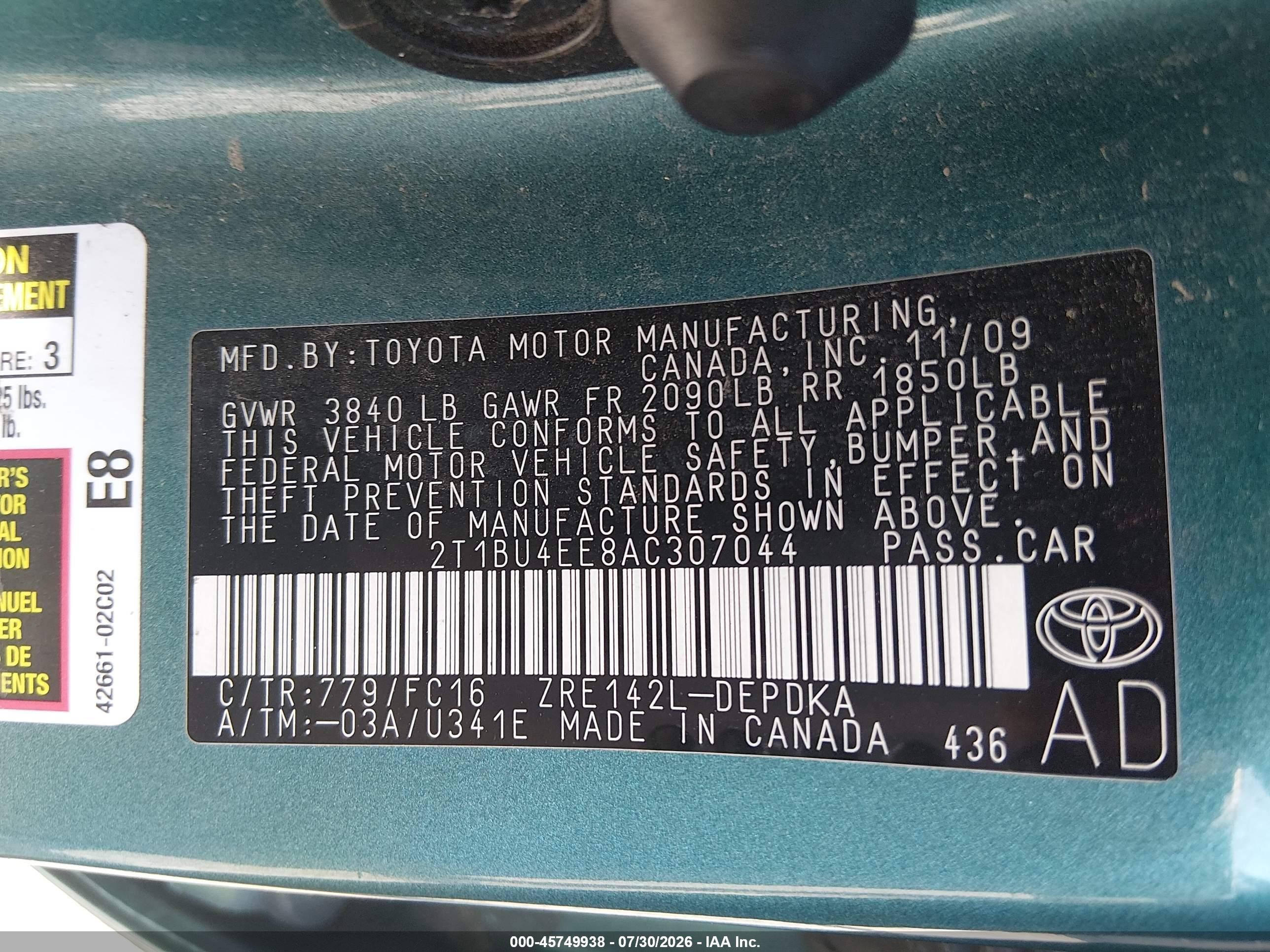 2010 Toyota Corolla Le Blue vin: 2T1BU4EE8AC307044