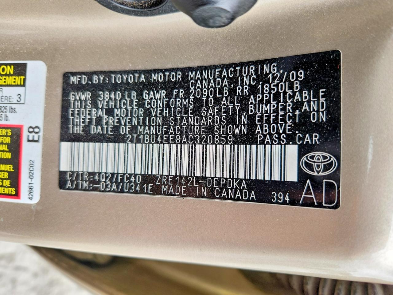2010 Toyota Corolla Le Gold vin: 2T1BU4EE8AC320859