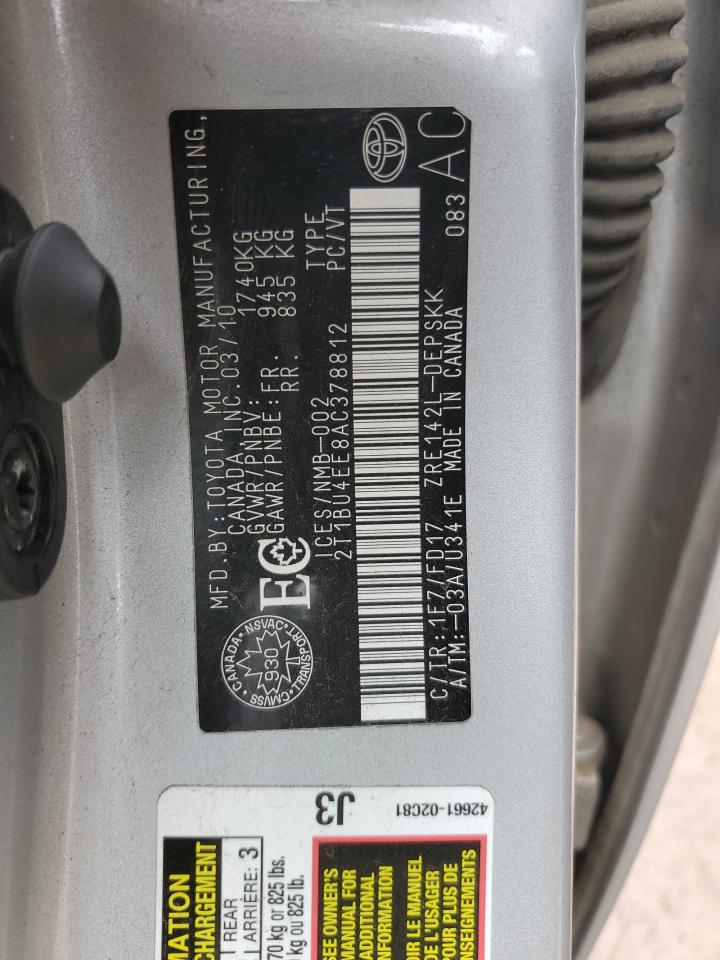2010 Toyota Corolla Base Silver vin: 2T1BU4EE8AC378812