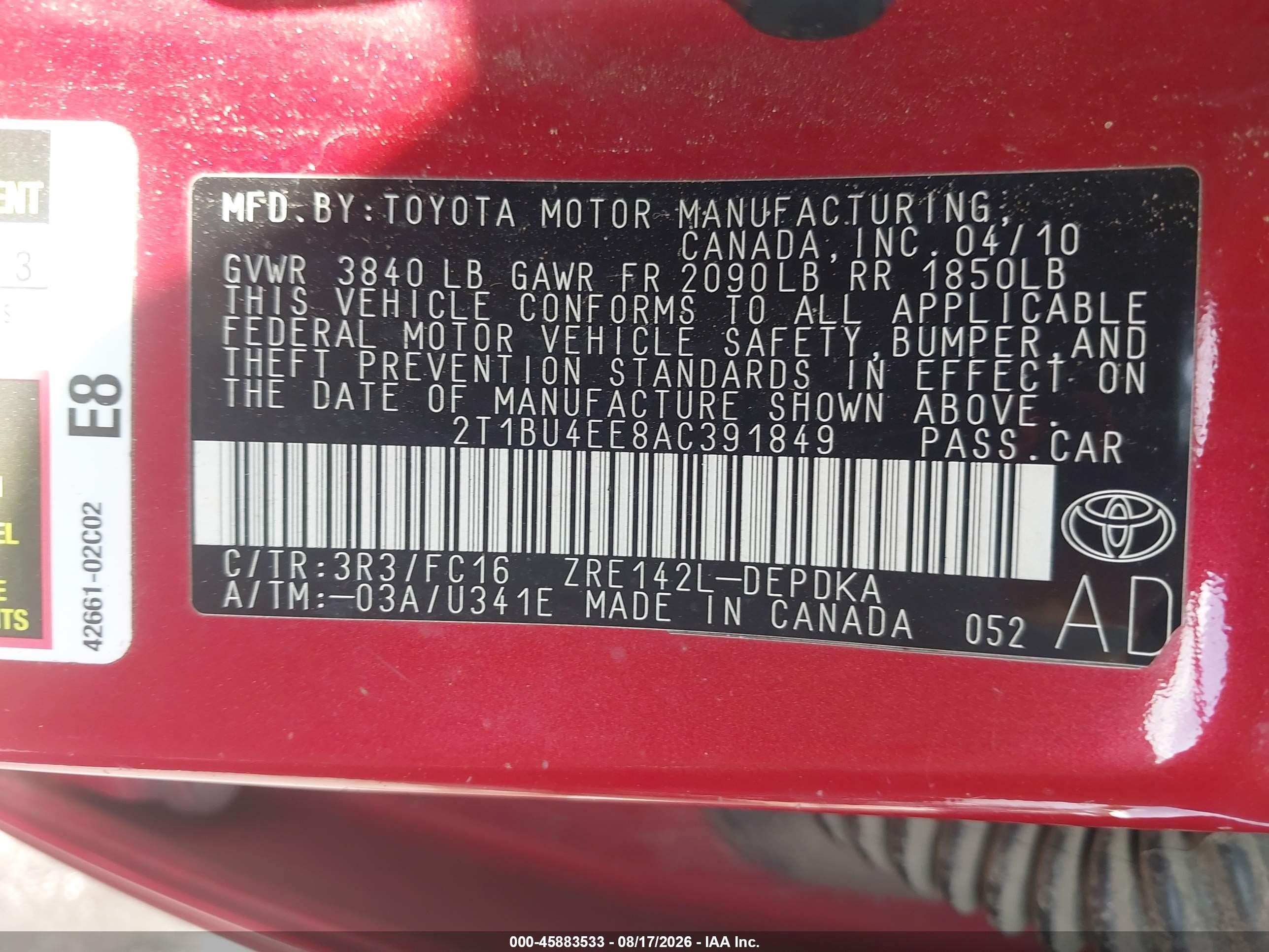 2010 Toyota Corolla Le Red vin: 2T1BU4EE8AC391849