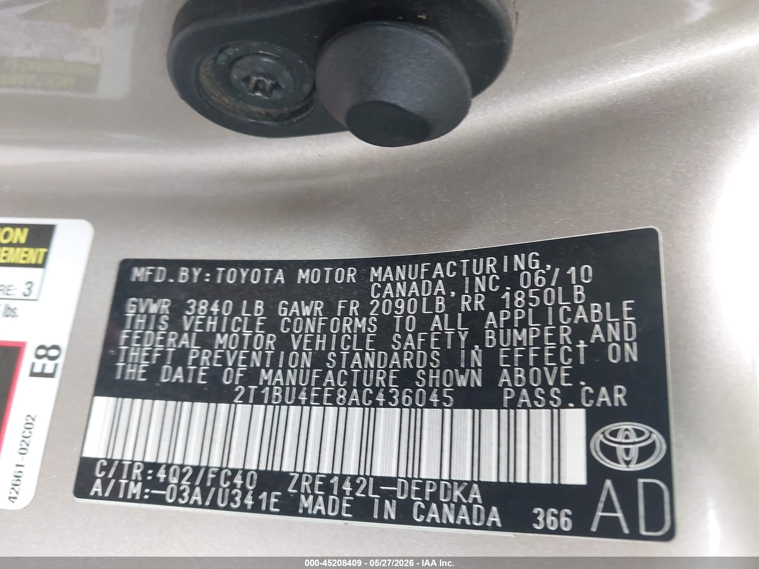 2010 Toyota Corolla Le Gold vin: 2T1BU4EE8AC436045