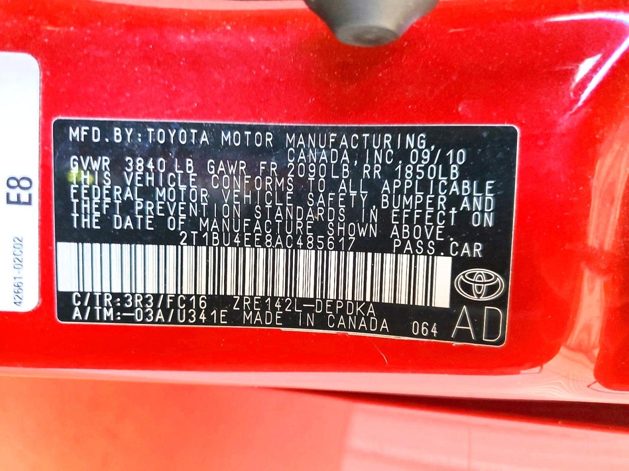 2010 Toyota Corolla Le Red vin: 2T1BU4EE8AC485617