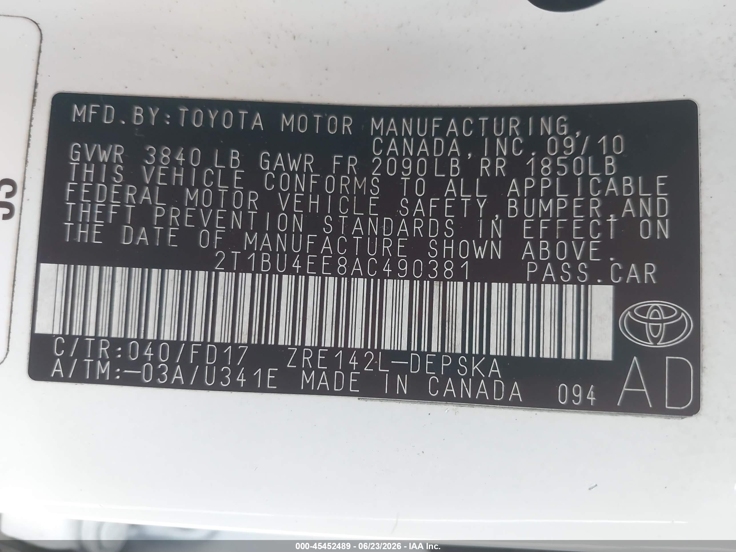2010 Toyota Corolla S White vin: 2T1BU4EE8AC490381