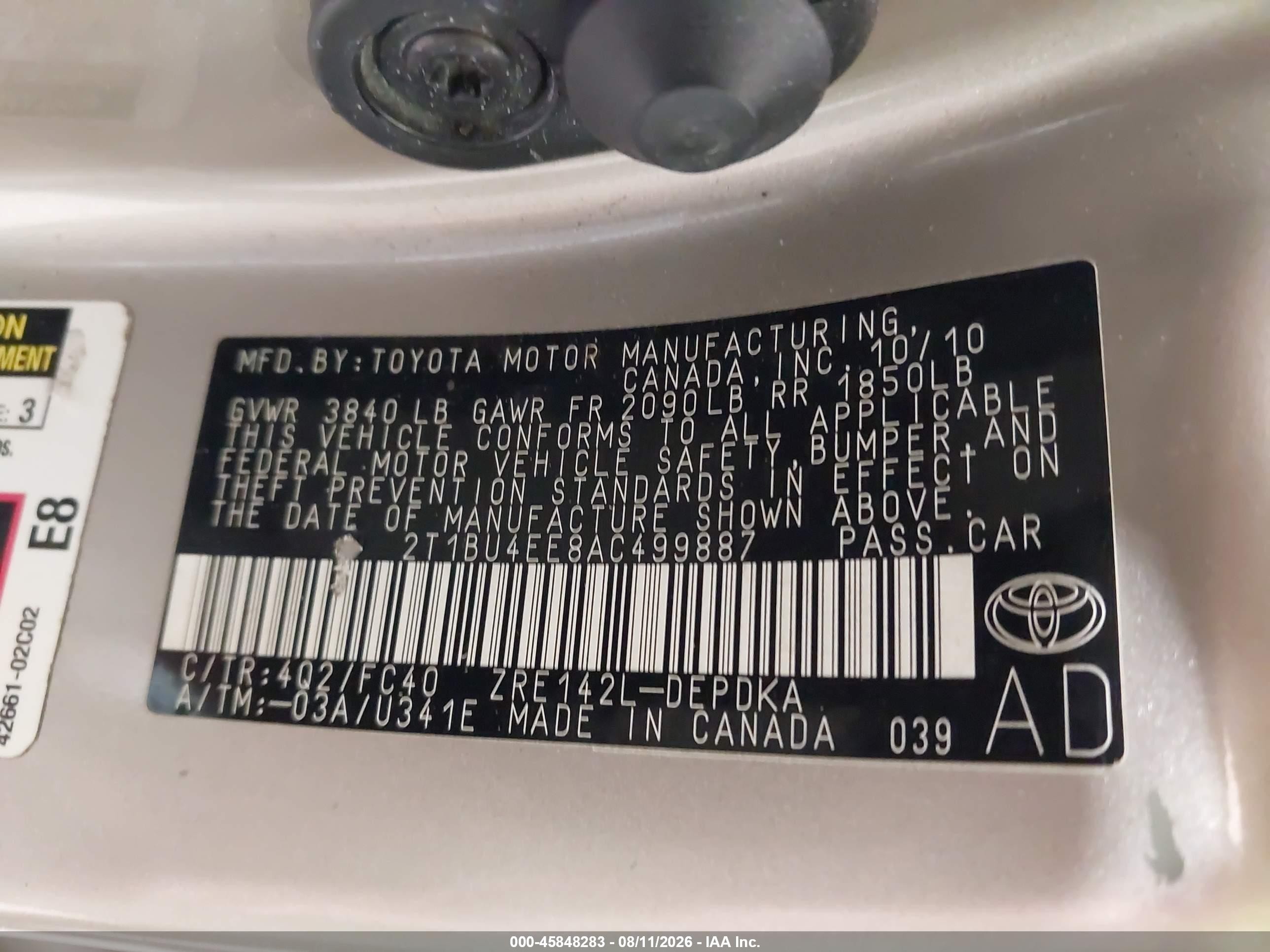 2010 Toyota Corolla Le Tan vin: 2T1BU4EE8AC499887