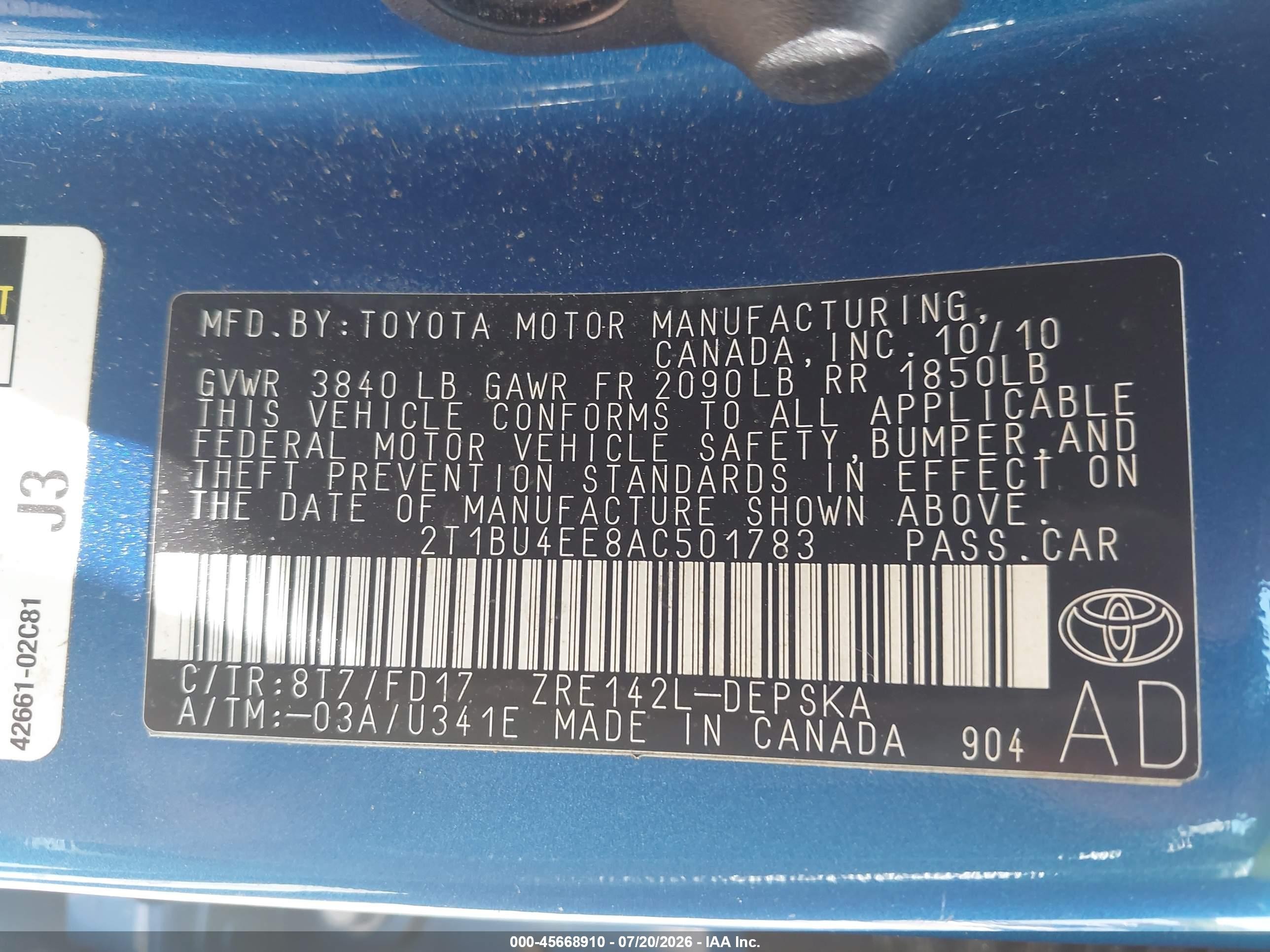 2010 Toyota Corolla S Blue vin: 2T1BU4EE8AC501783