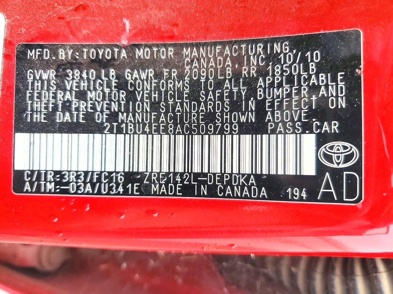 2010 Toyota Corolla Le Красный vin: 2T1BU4EE8AC509799