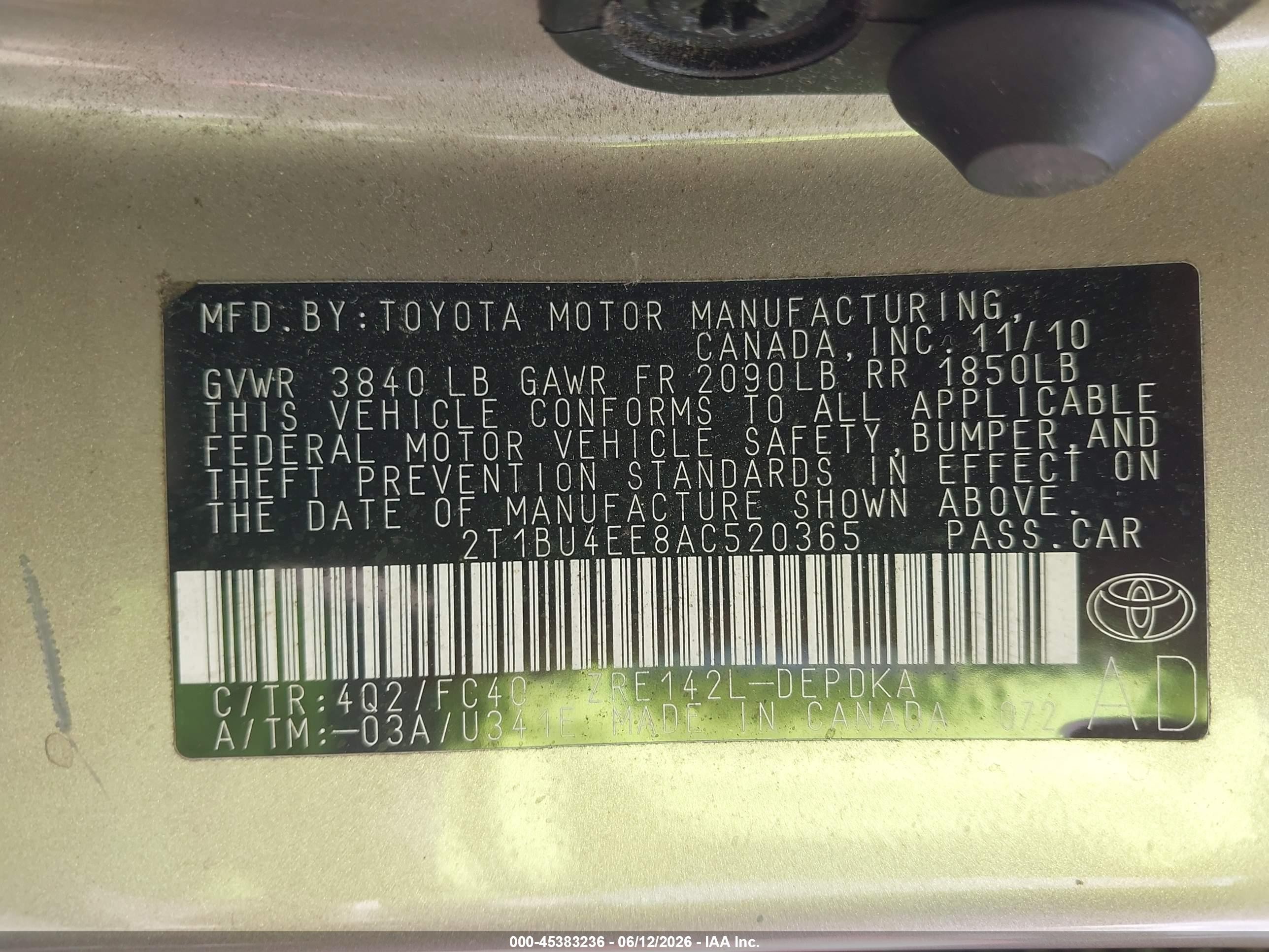 2010 Toyota Corolla Le Gold vin: 2T1BU4EE8AC520365