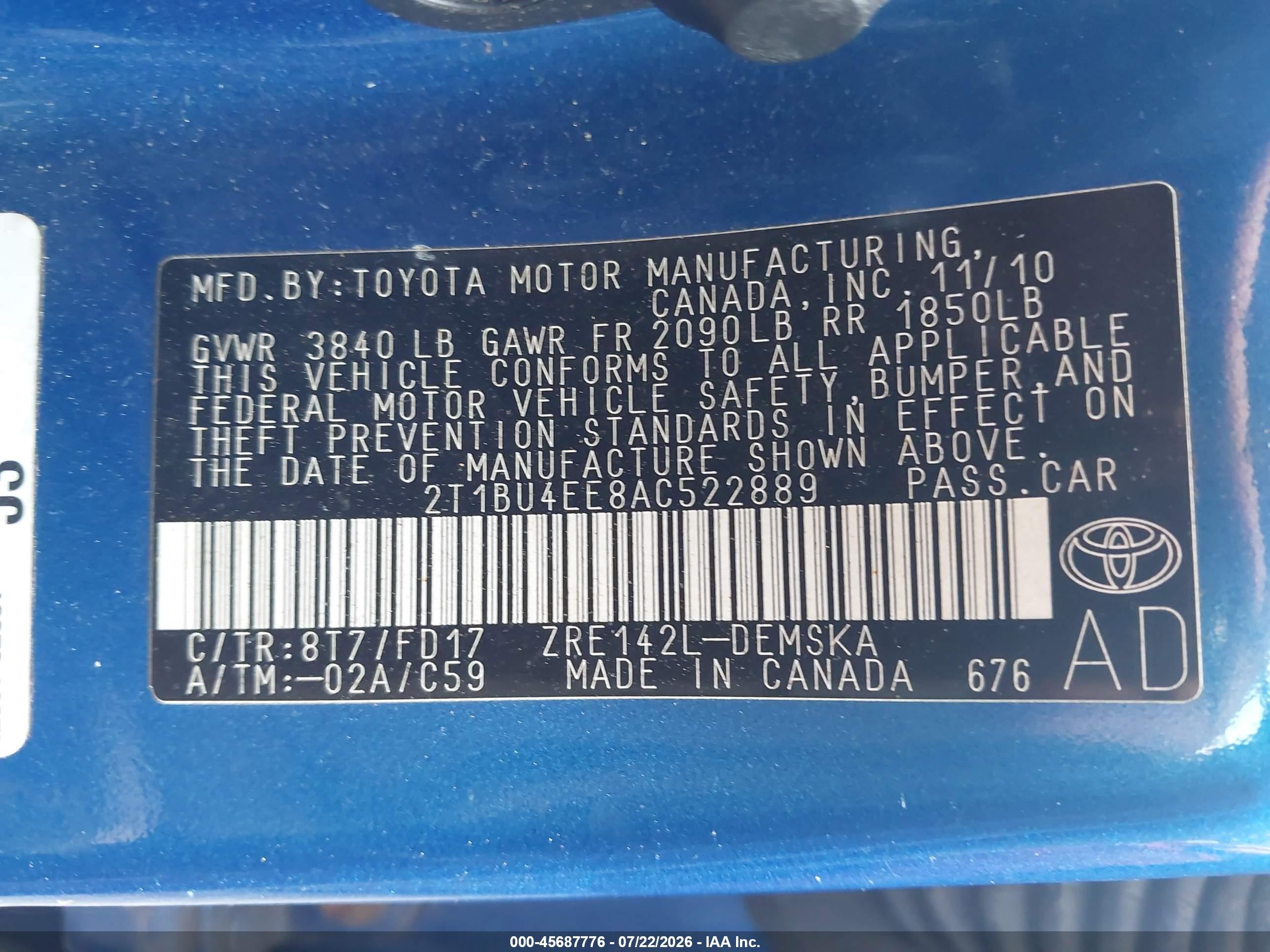 2010 Toyota Corolla S Blue vin: 2T1BU4EE8AC522889