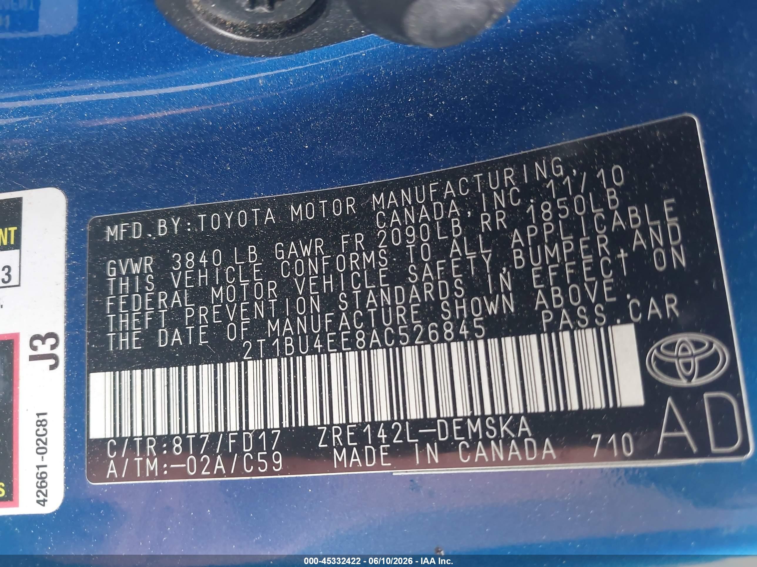 2010 Toyota Corolla S Blue vin: 2T1BU4EE8AC526845