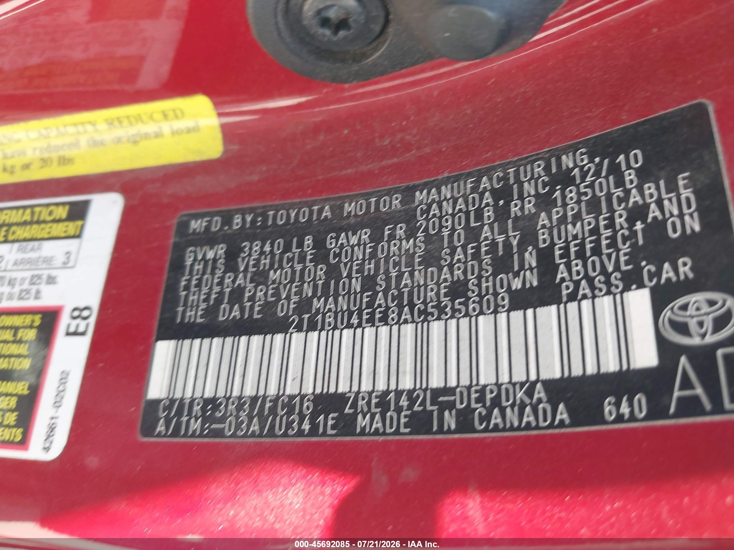 2010 Toyota Corolla Le Red vin: 2T1BU4EE8AC535609