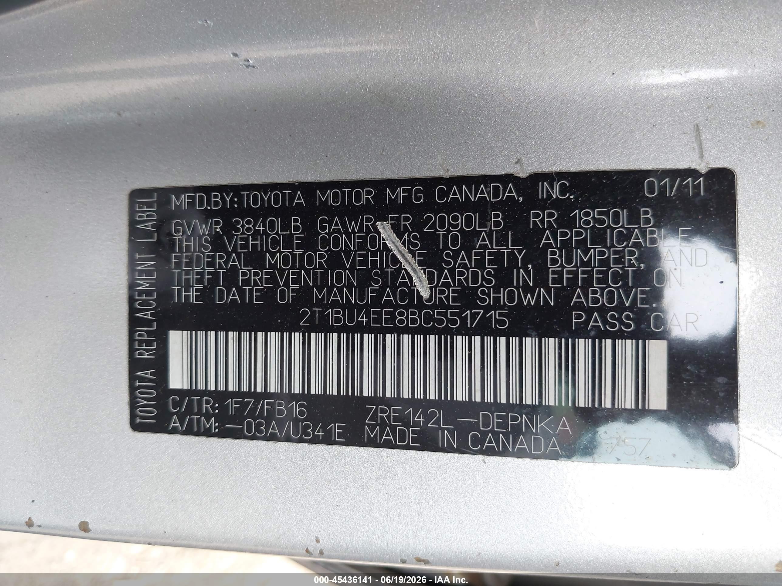 2011 Toyota Corolla Le Silver vin: 2T1BU4EE8BC551715