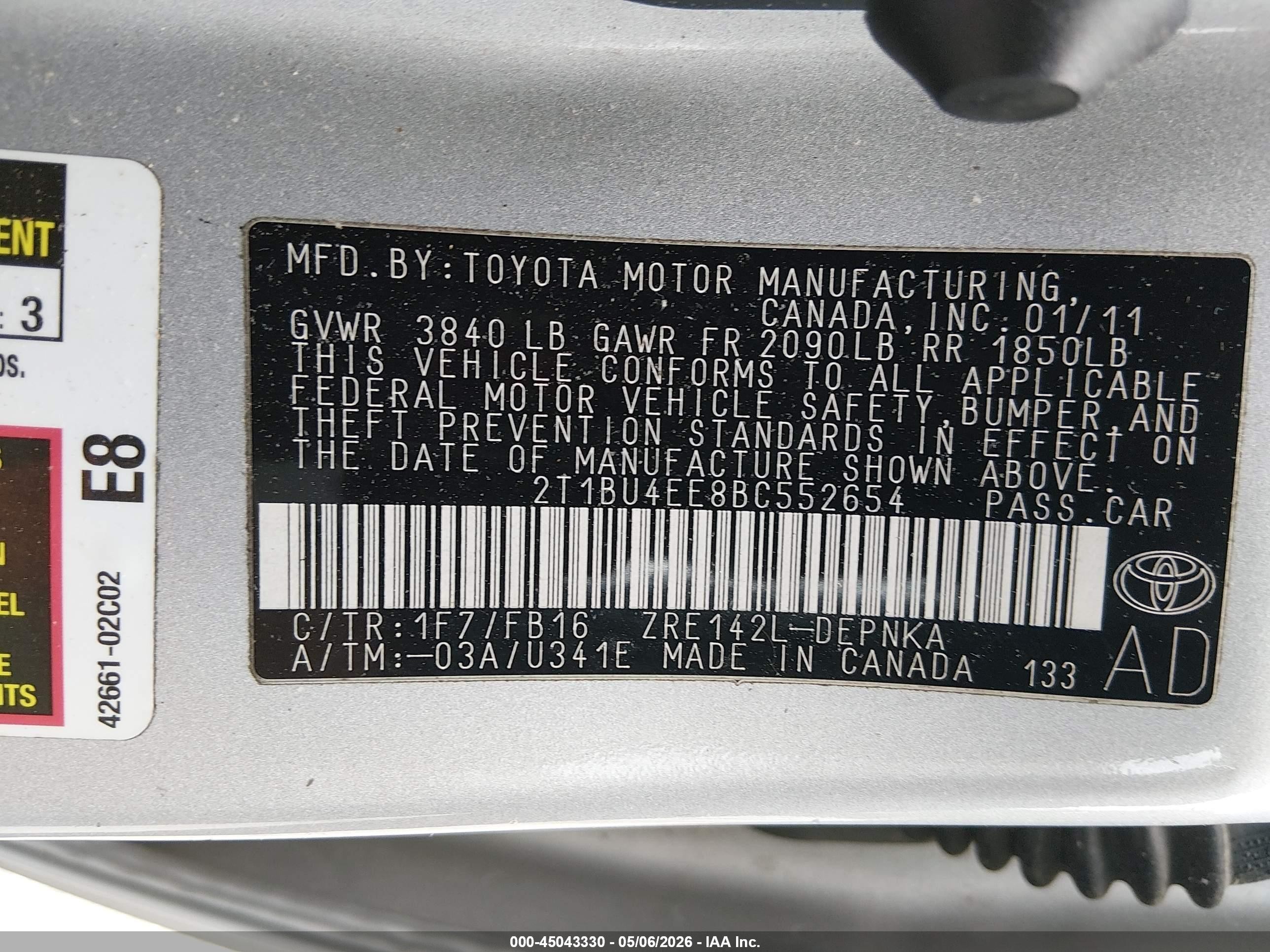2011 Toyota Corolla Le Silver vin: 2T1BU4EE8BC552654