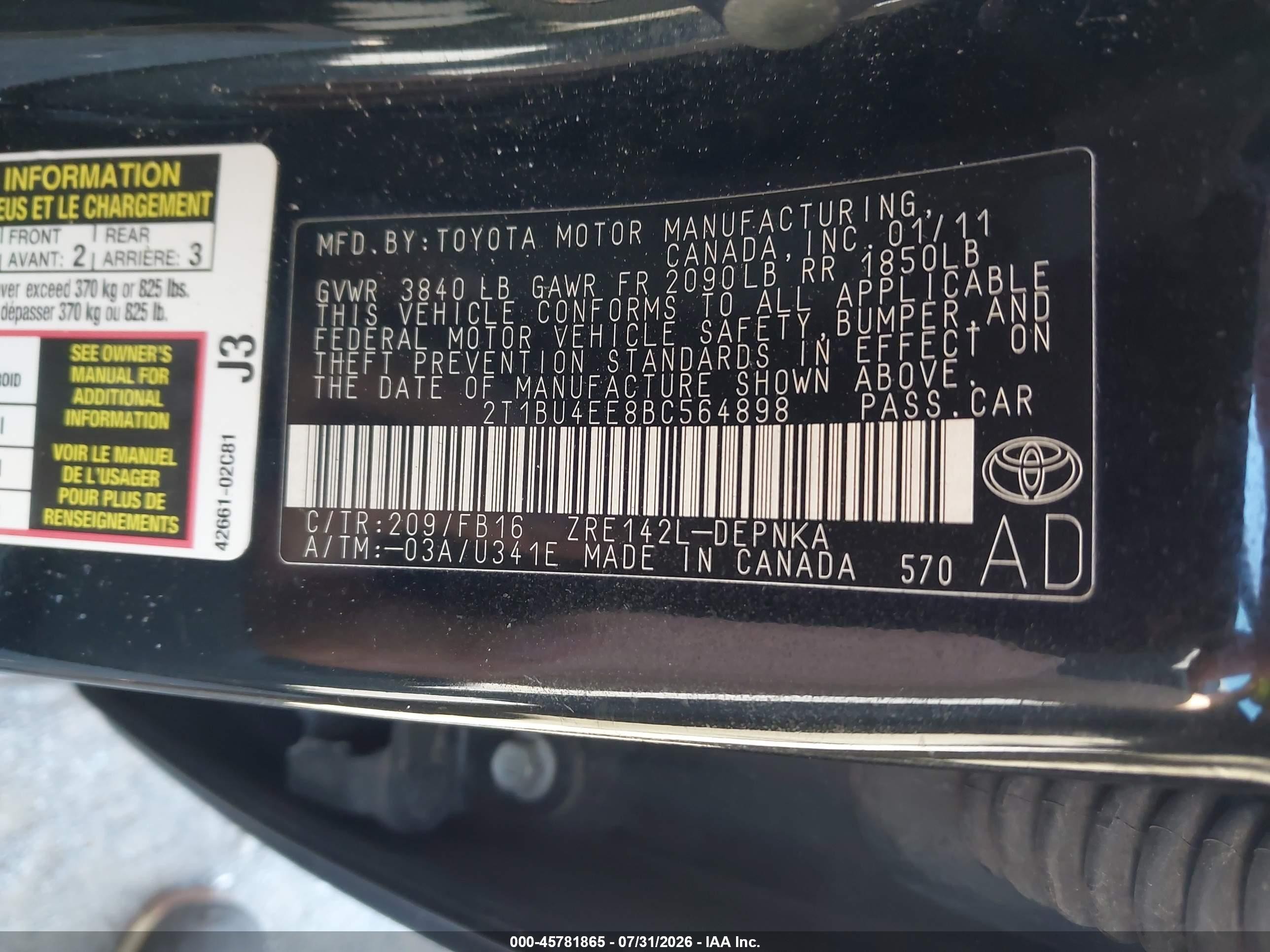 2011 Toyota Corolla Le Black vin: 2T1BU4EE8BC564898