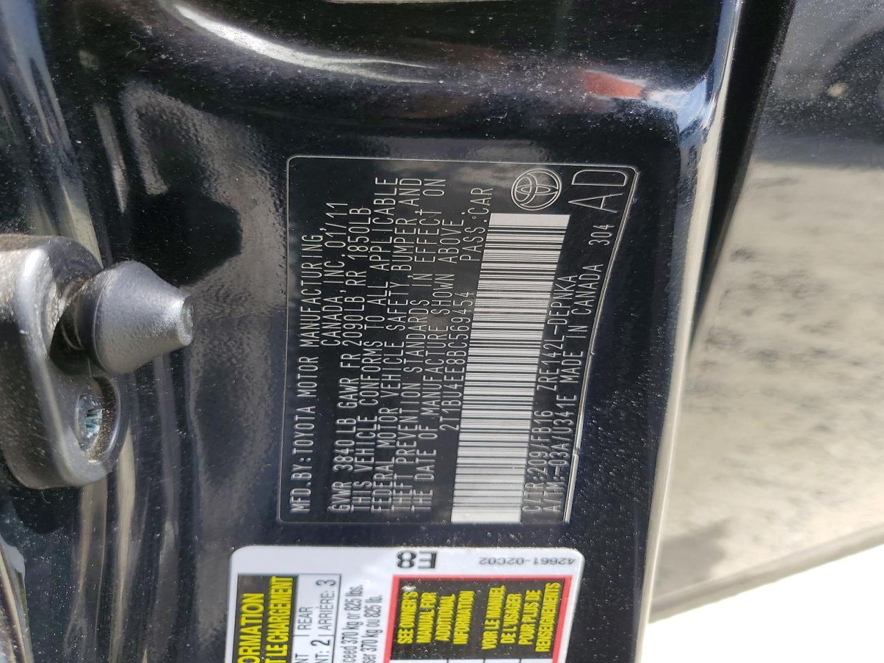 2011 Toyota Corolla Le Black vin: 2T1BU4EE8BC569454
