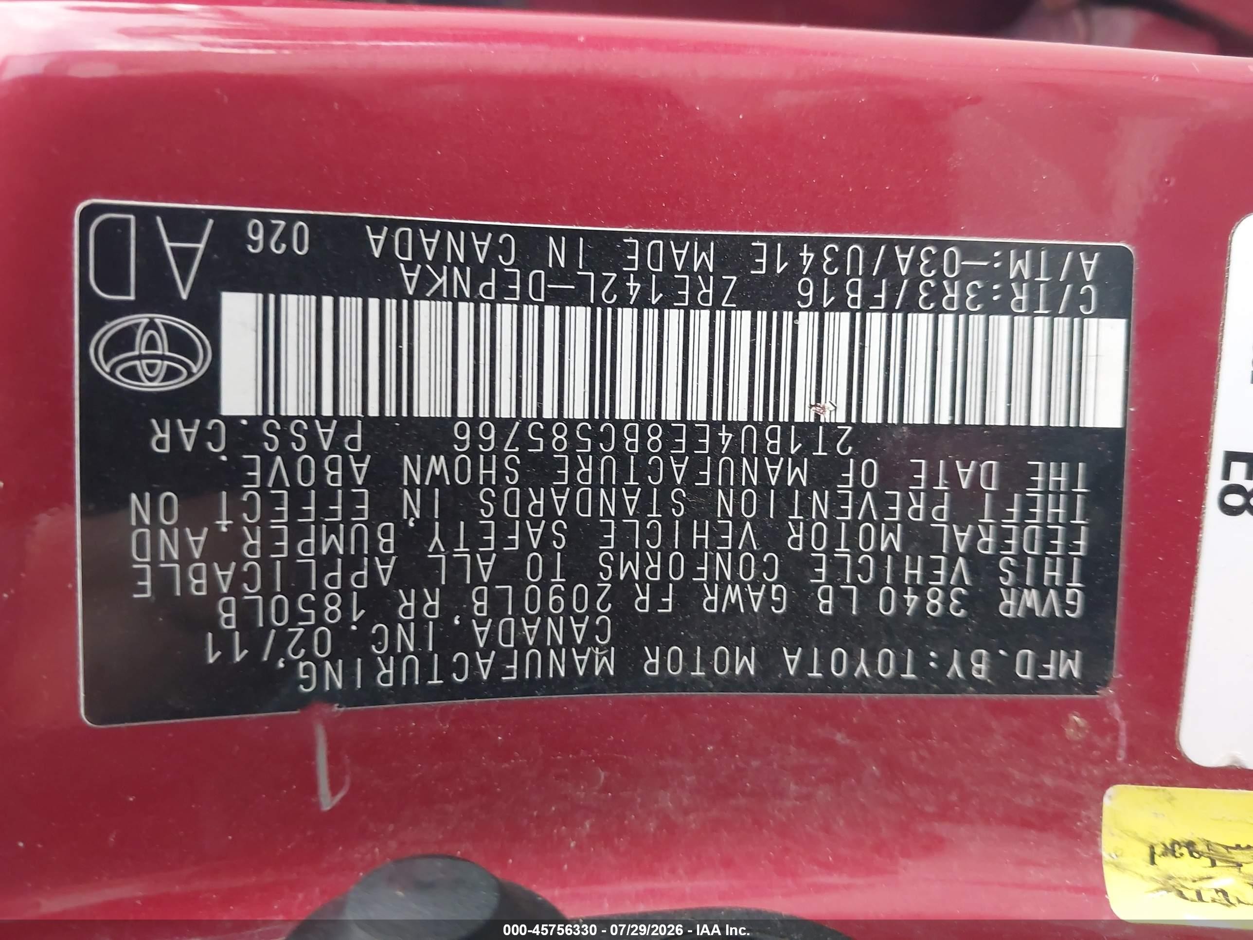 2011 Toyota Corolla Le Red vin: 2T1BU4EE8BC585766