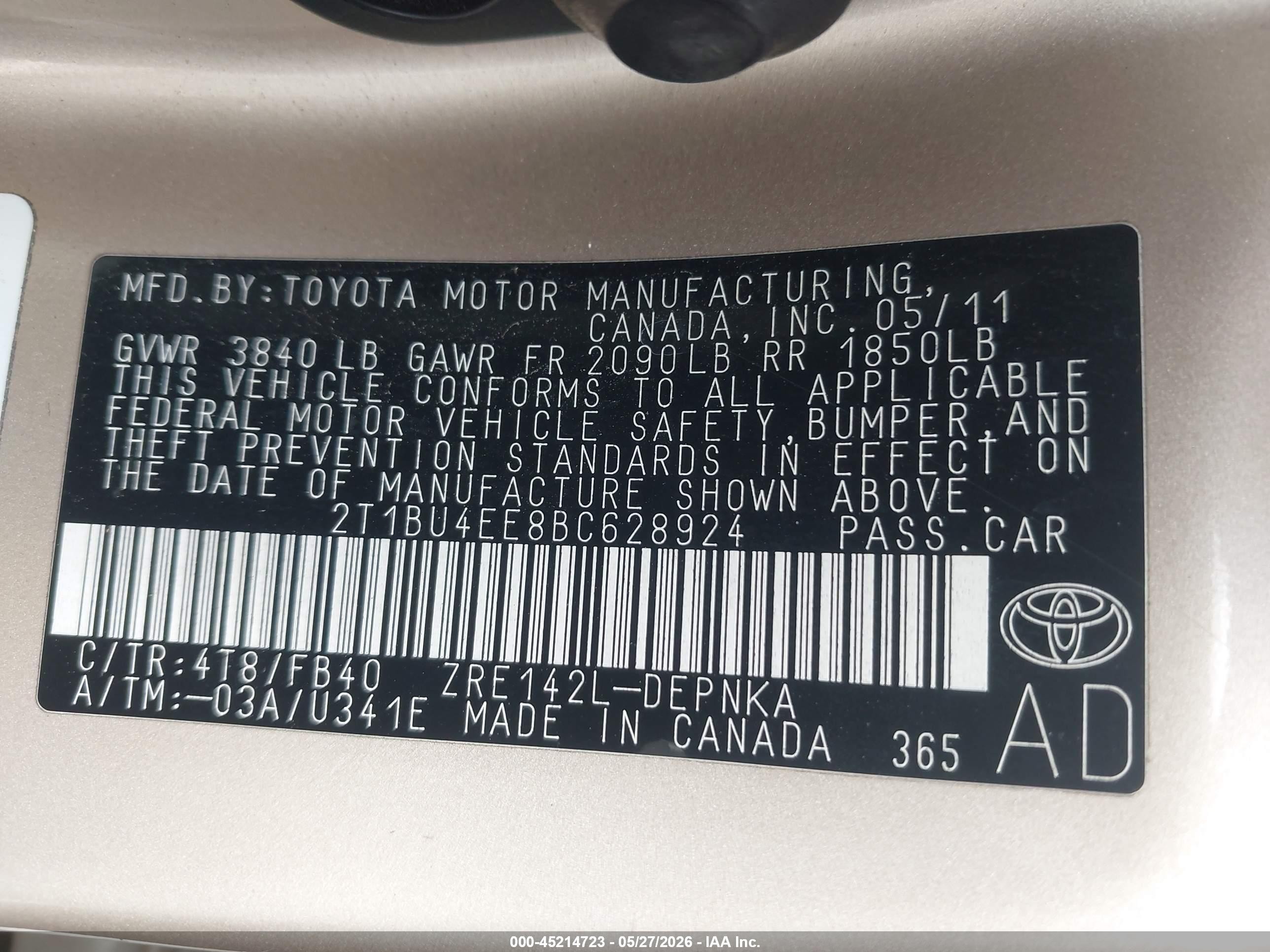 2011 Toyota Corolla Le Gold vin: 2T1BU4EE8BC628924