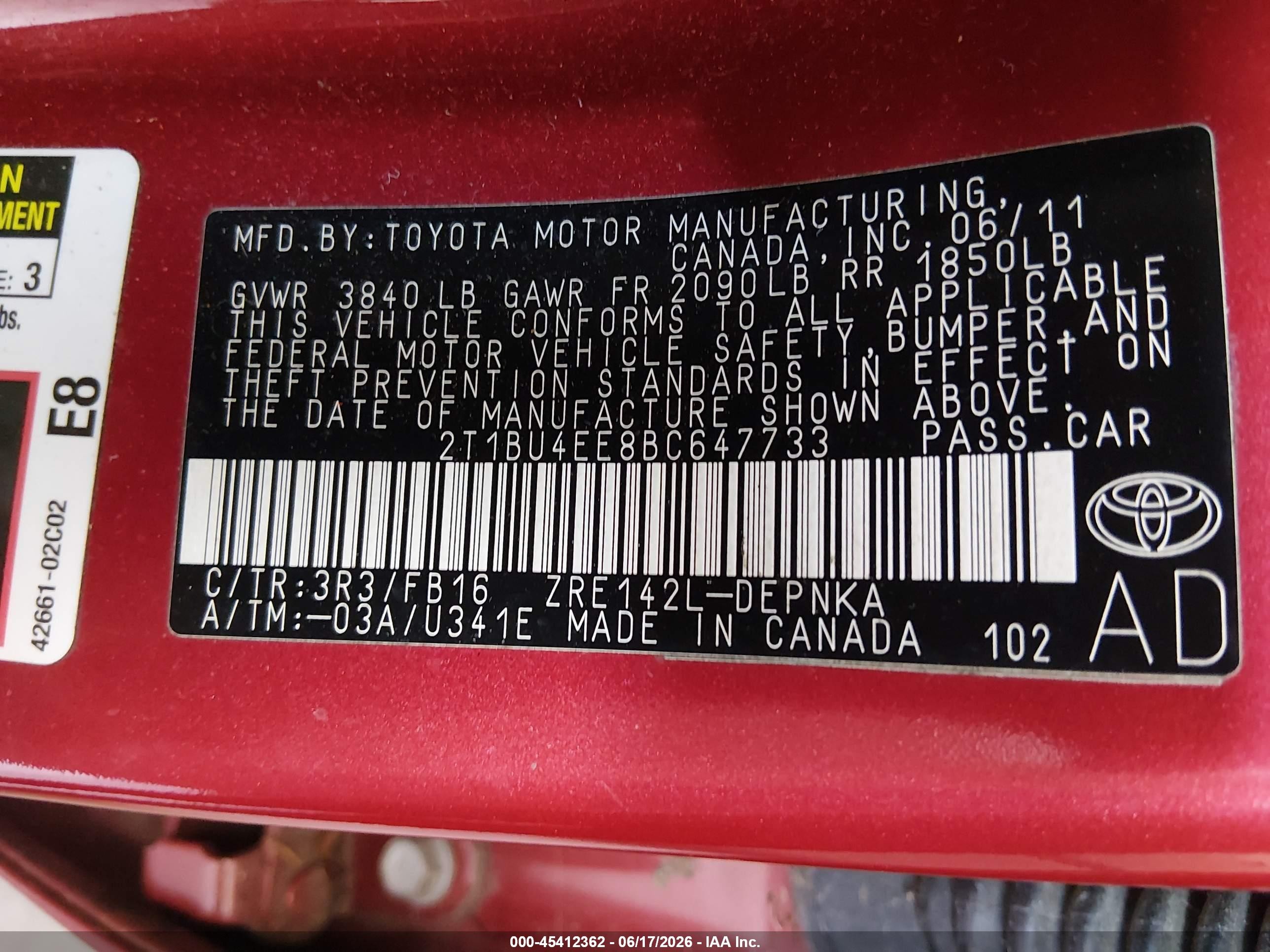 2011 Toyota Corolla Le Red vin: 2T1BU4EE8BC647733