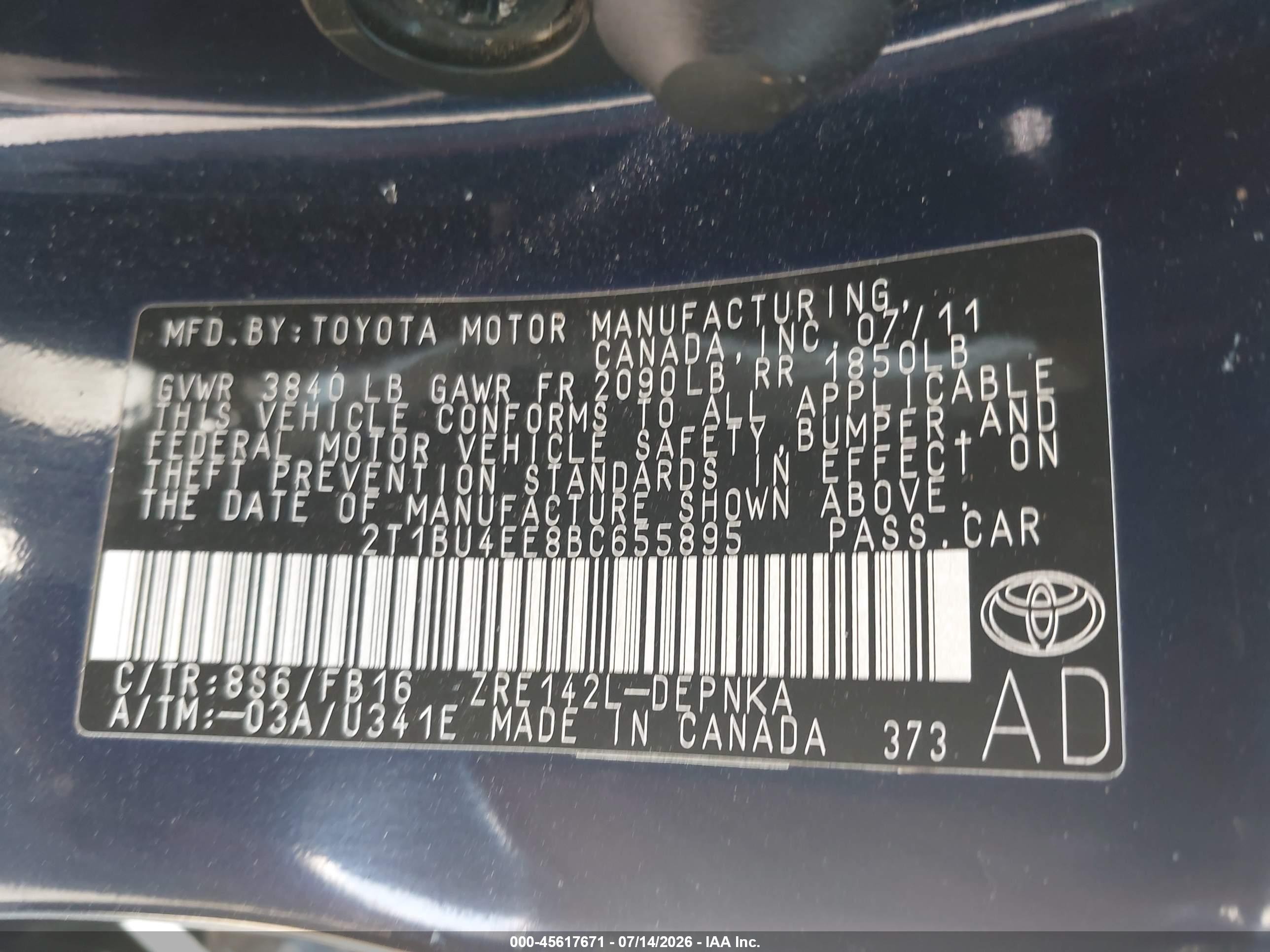 2011 Toyota Corolla Le Blue vin: 2T1BU4EE8BC655895