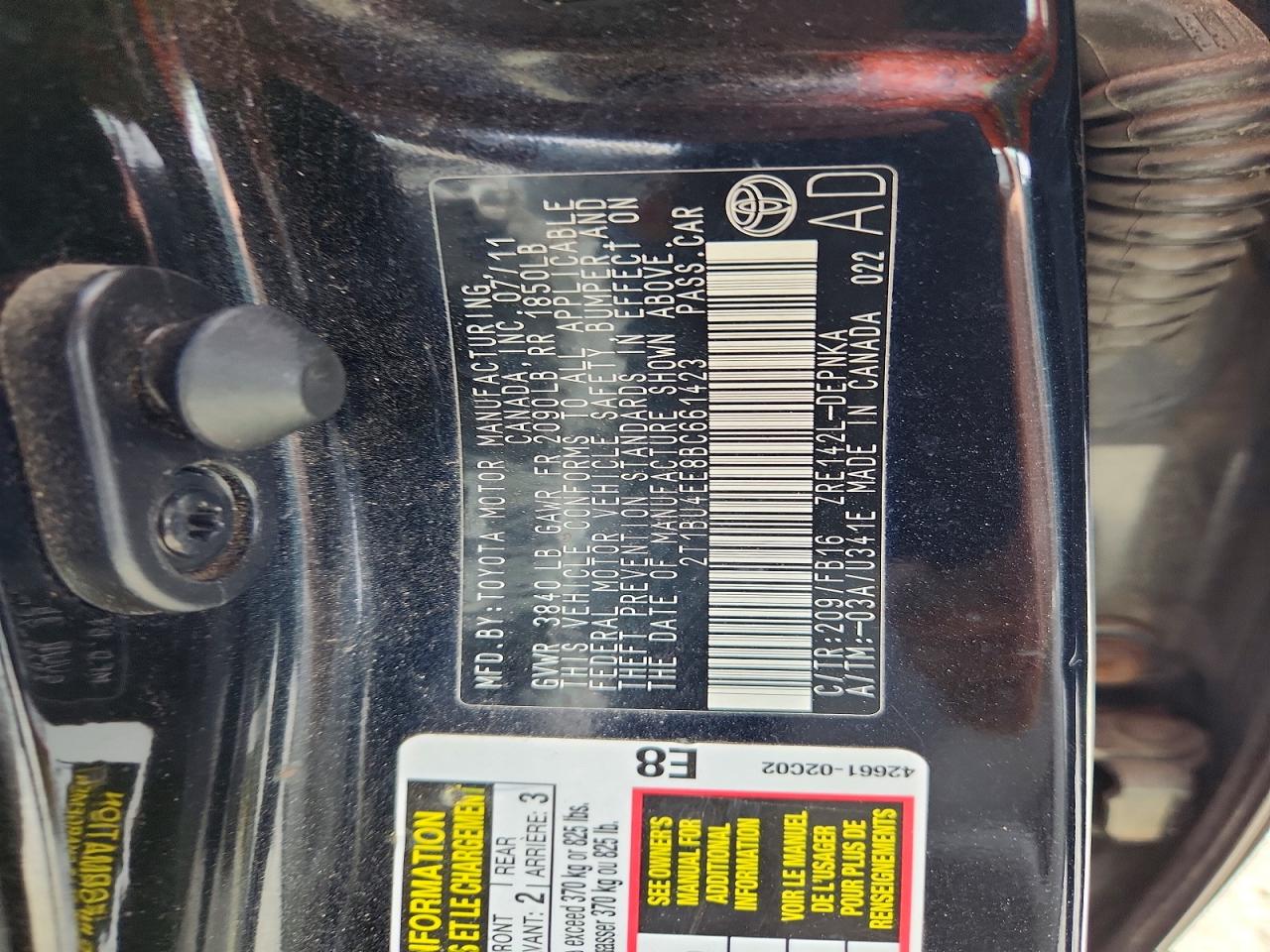 2011 Toyota Corolla Le Black vin: 2T1BU4EE8BC661423