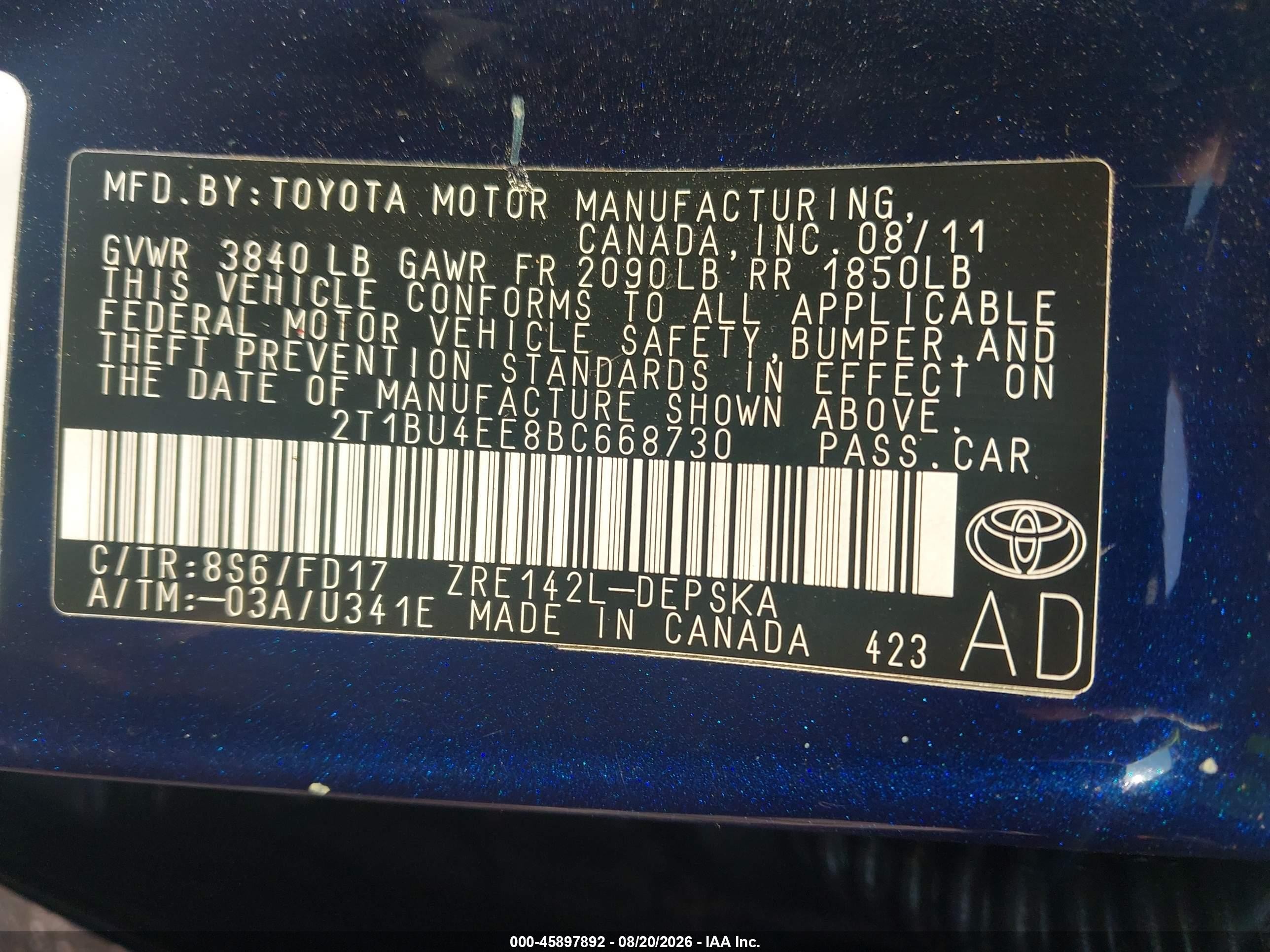 2011 Toyota Corolla S Blue vin: 2T1BU4EE8BC668730