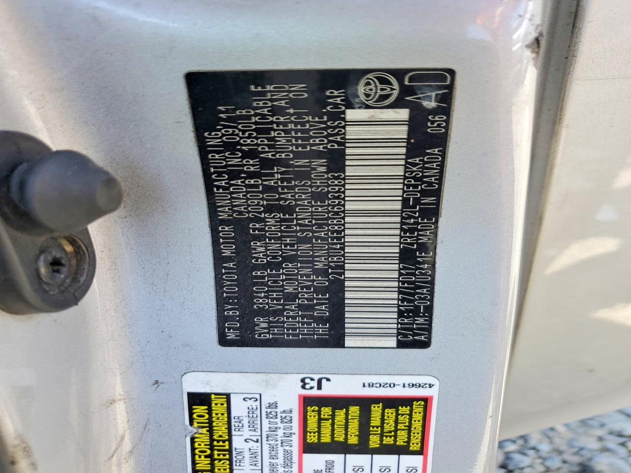 2011 Toyota Corolla S Silver vin: 2T1BU4EE8BC693983
