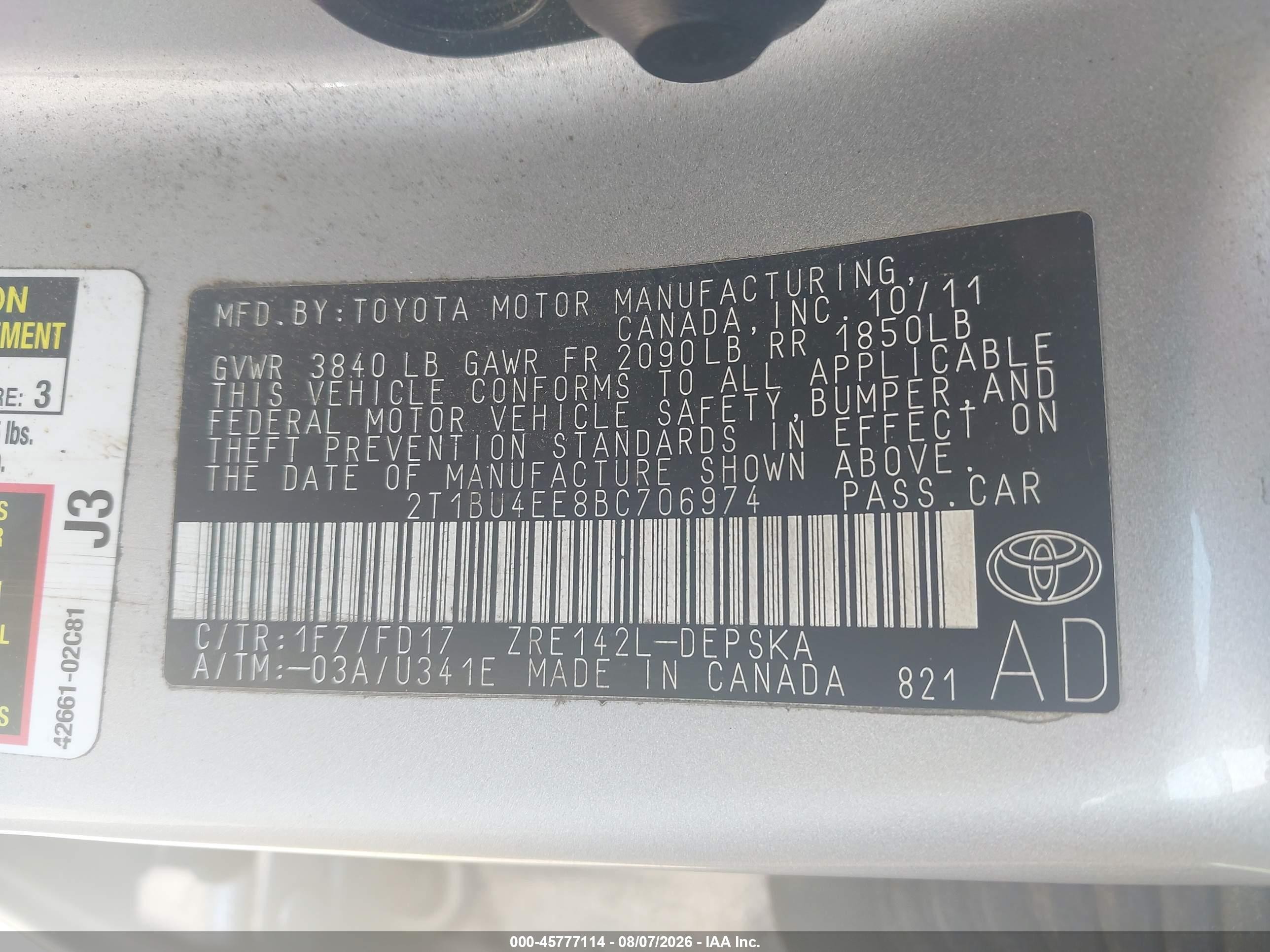 2011 Toyota Corolla S Silver vin: 2T1BU4EE8BC706974