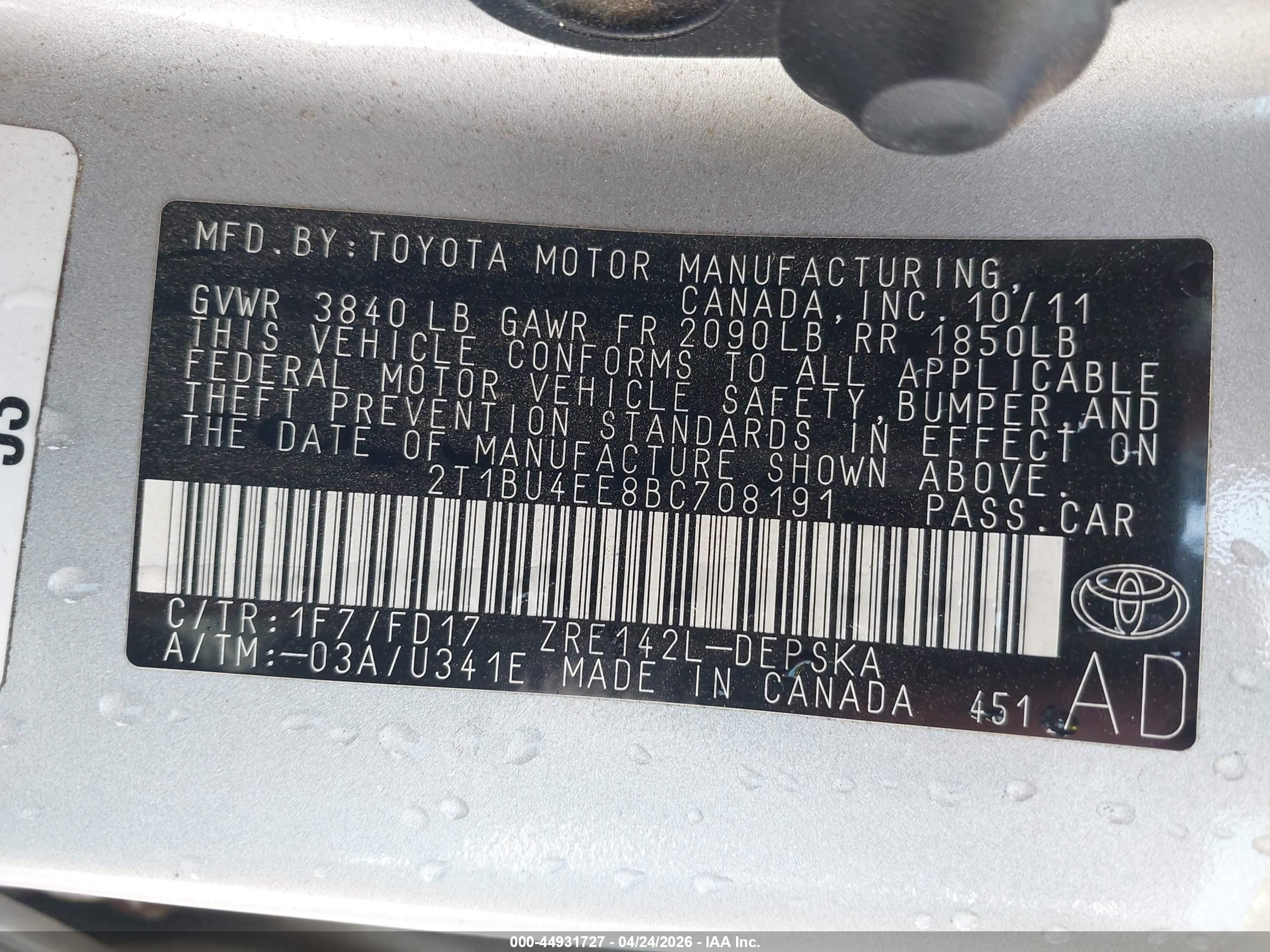2011 Toyota Corolla S Silver vin: 2T1BU4EE8BC708191