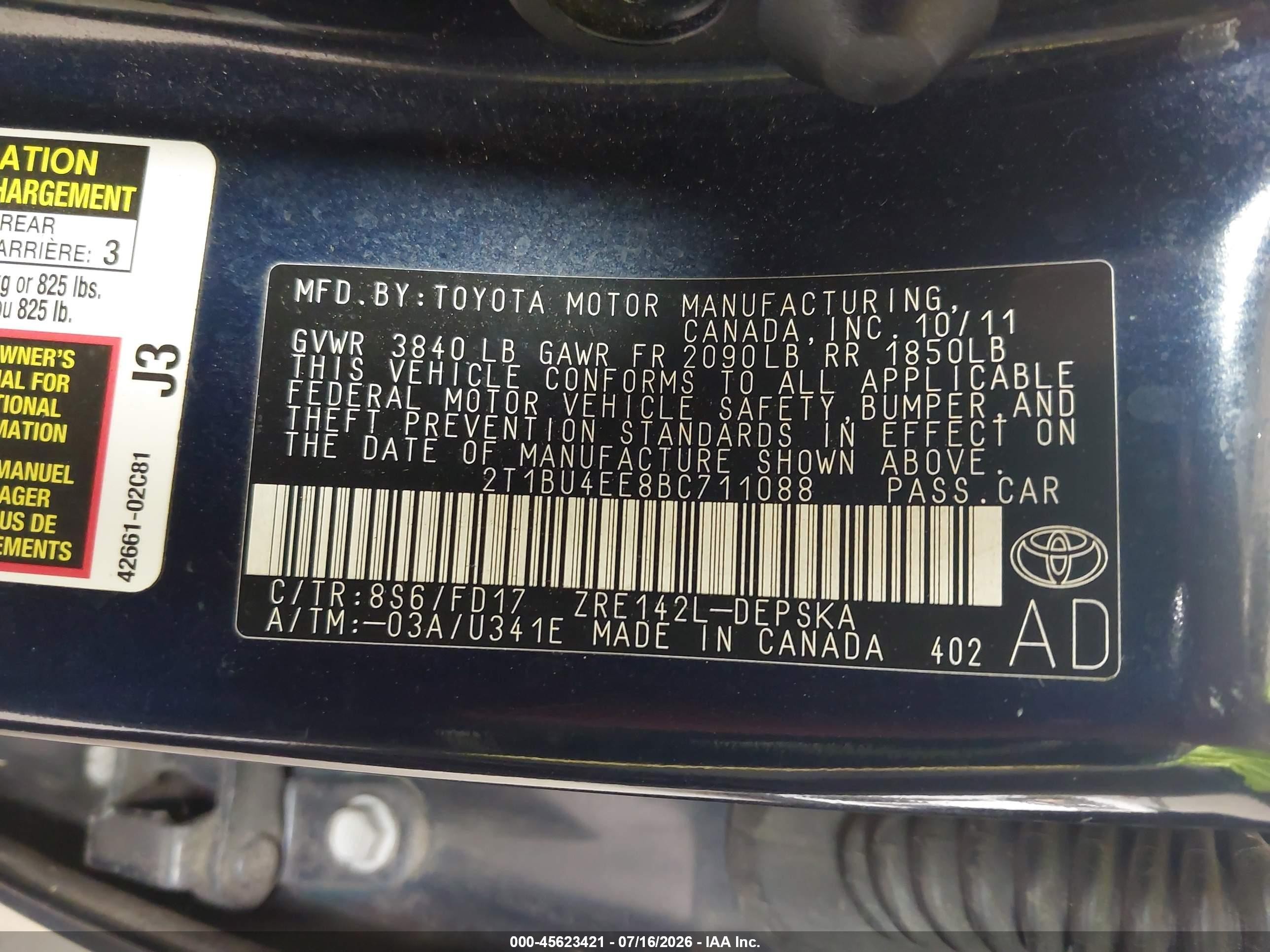 2011 Toyota Corolla S Blue vin: 2T1BU4EE8BC711088