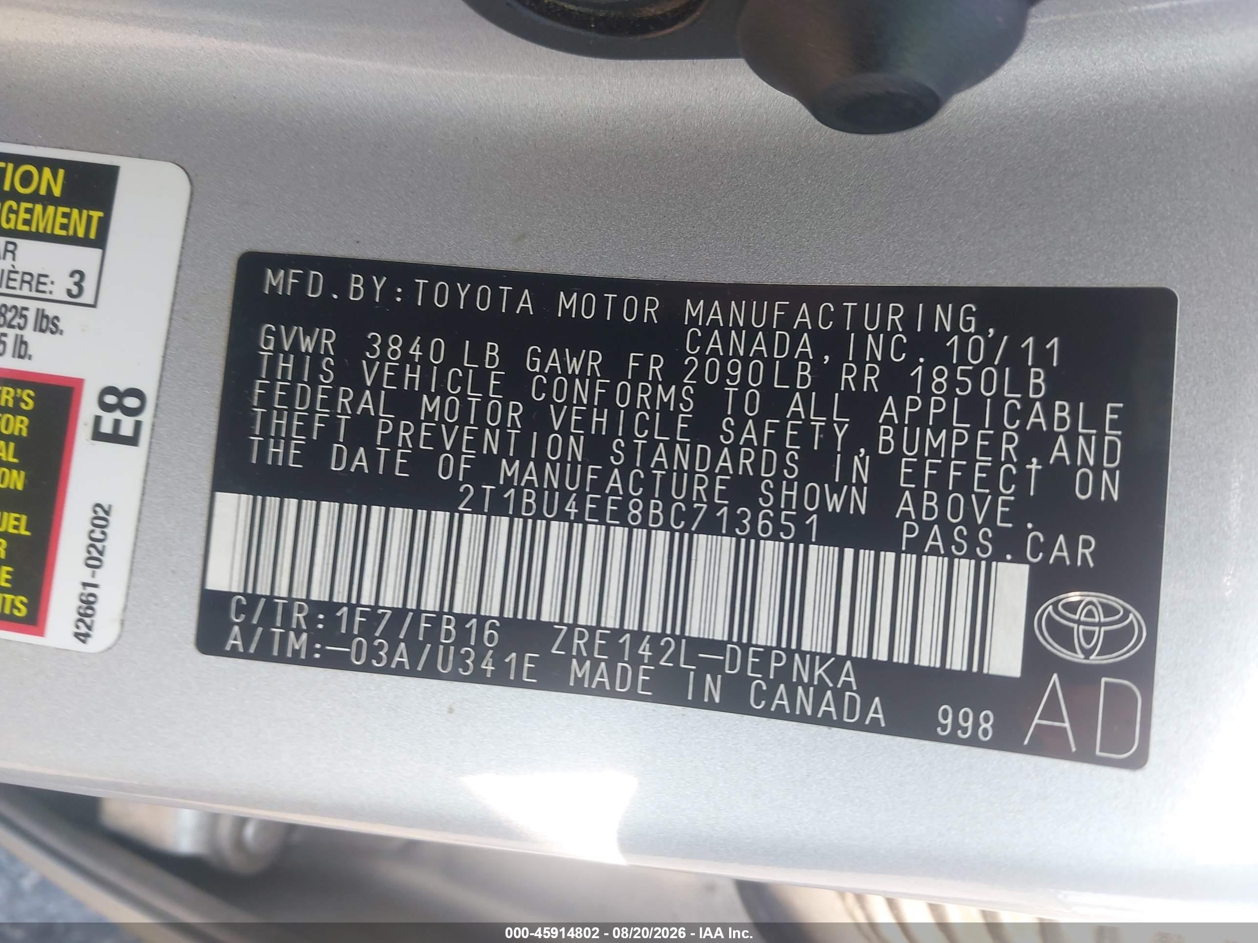 2011 Toyota Corolla Le Серебряный vin: 2T1BU4EE8BC713651