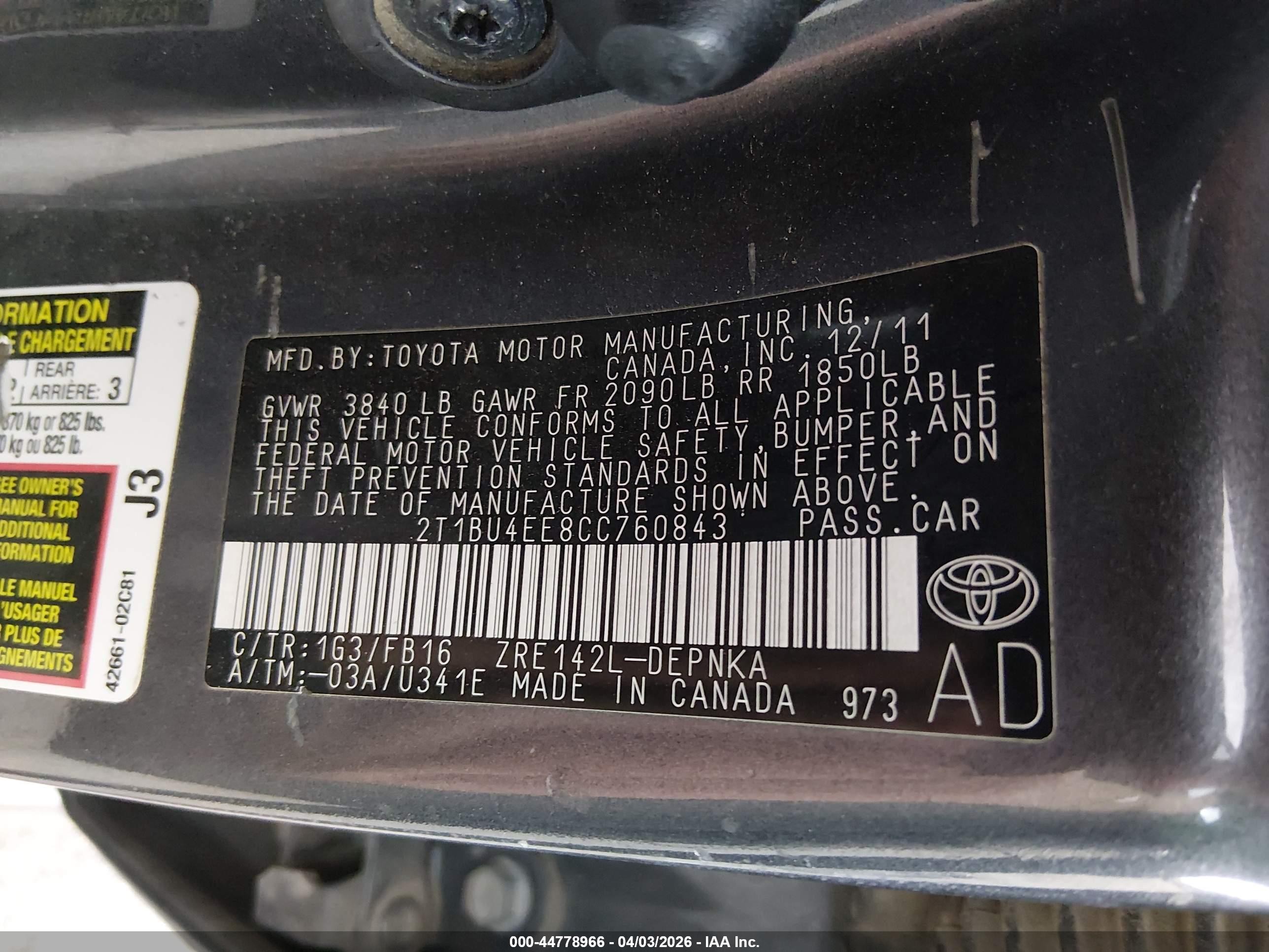 2012 Toyota Corolla Le Gray vin: 2T1BU4EE8CC760843