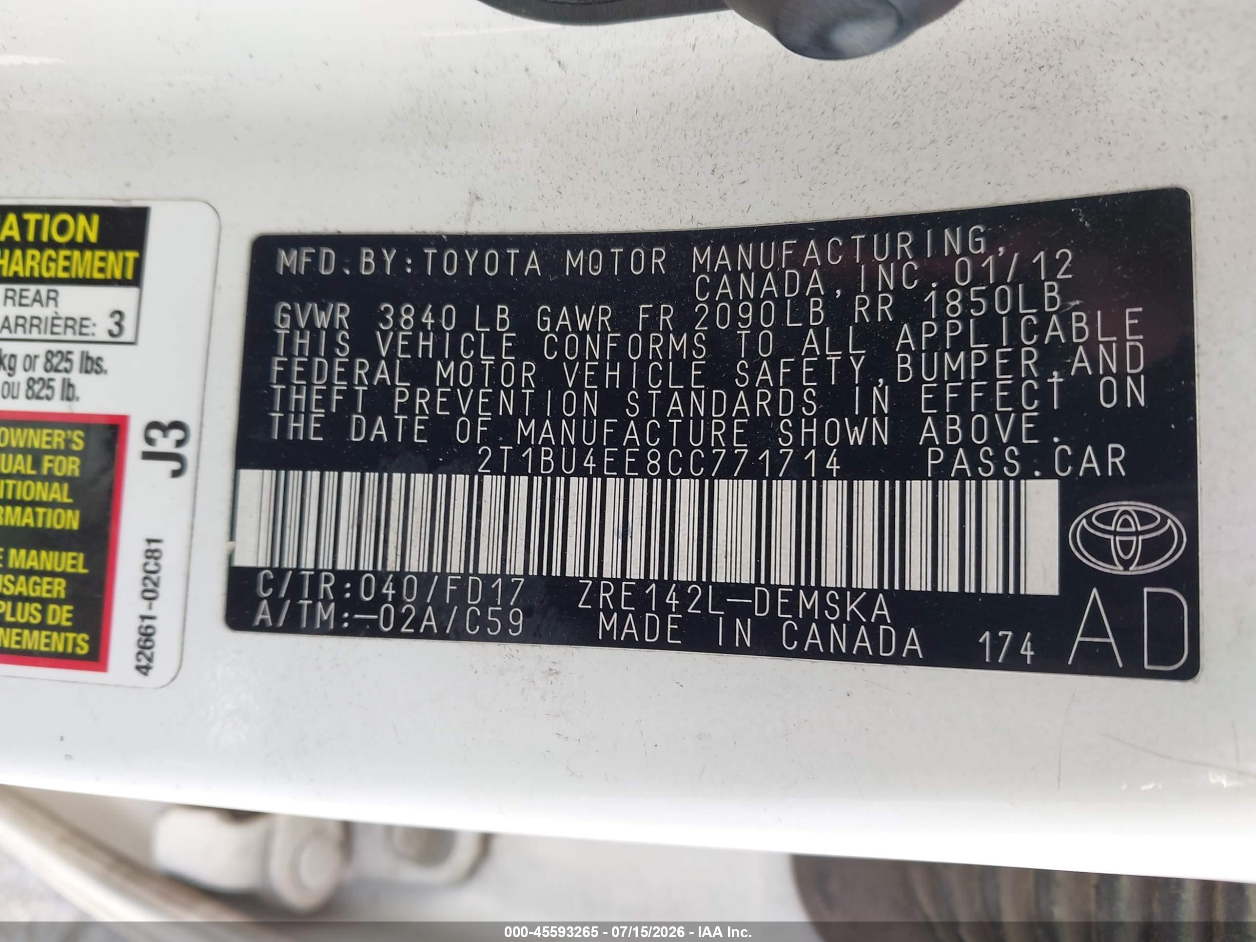 2012 Toyota Corolla S White vin: 2T1BU4EE8CC771714